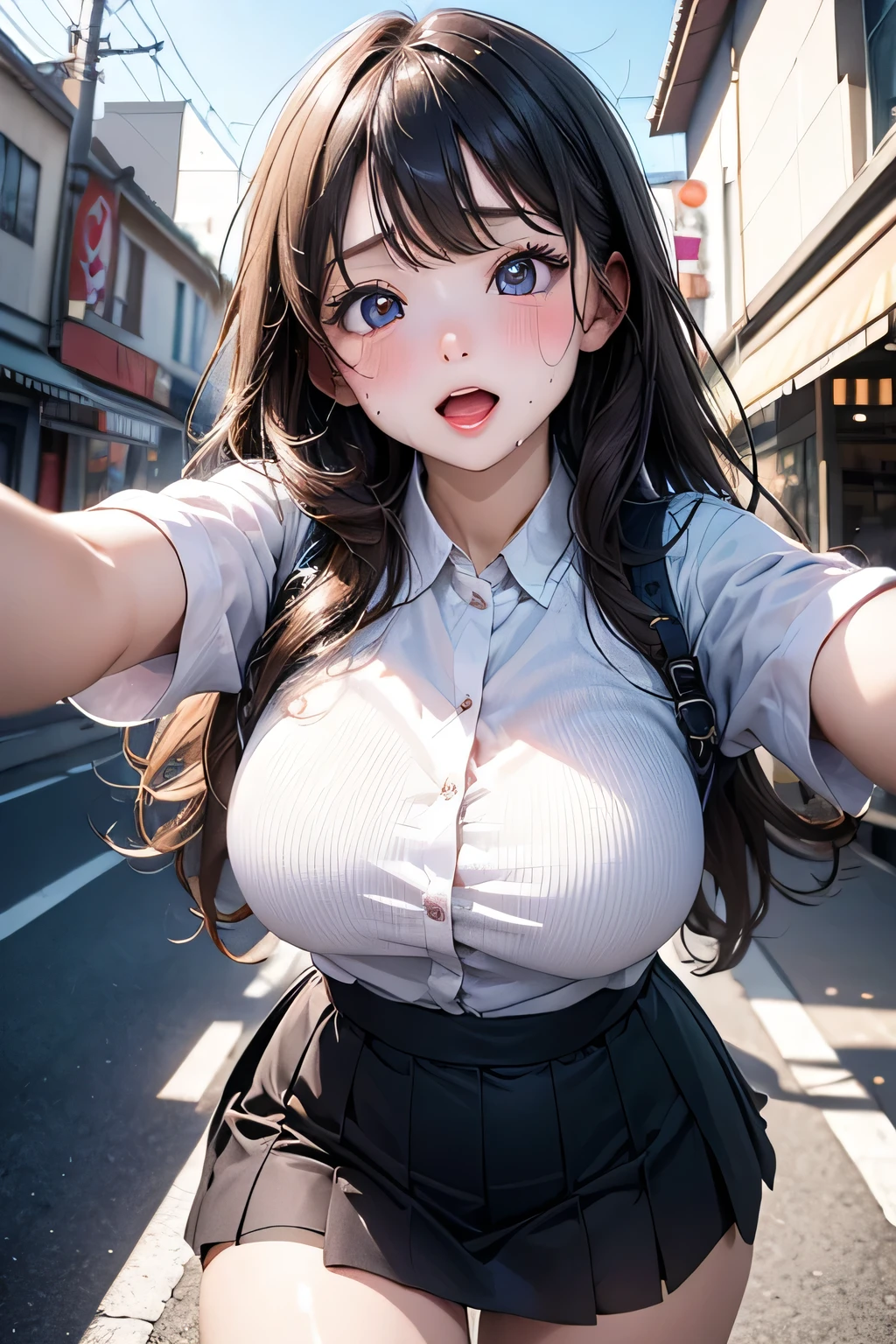 (Very detailed CG Unity 8K wallpaper),(masterpiece), (Best Quality), (Very detailed), (Best illustrations),(Best Shadow), ass focus、Aoyama Street Walk、Walking around town、Skirt flipped up、The viewer looks up from below、She is looking down at the viewer(sweat, blush, narrow eyes, open mouth)、Perfect Fingers、Beautiful eyes、Big Breasts、Tight waist、Perfect Body、