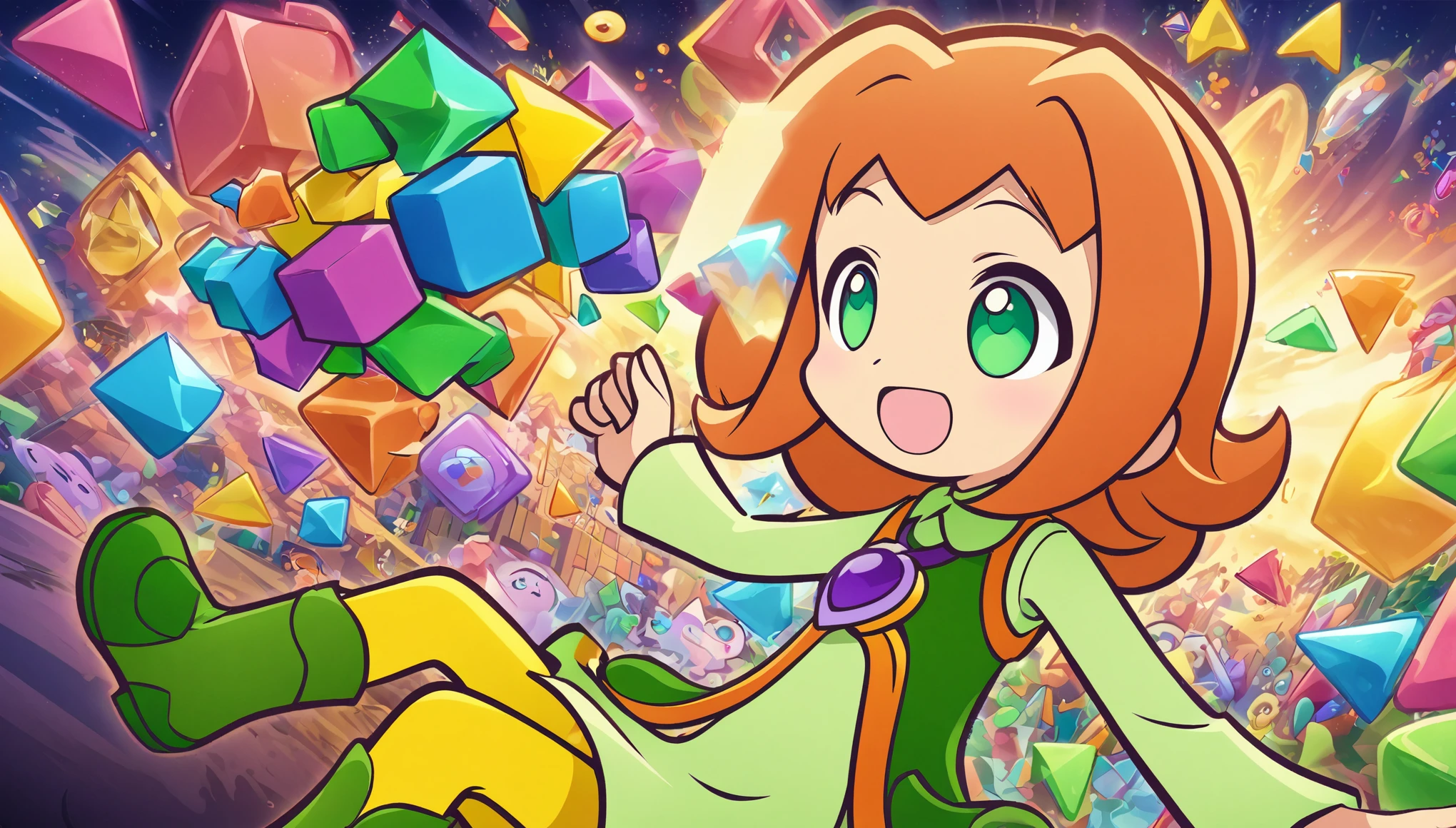 1girl, green eyes, purple pendant, orange hair, medium hair +++ yellow pantyhose, green dress, lightgreen shirt, green boots Hiding face with arm, looking to the side, extremely quality extremely detailed, illustration, cute anime face cinematic lighting, Colorful and lively game art featuring various characters and shapes from "Puyo Puyo" and "Tetris", presented against a bright and playful background with geometric patterns and soft pastel colors. Vibrant Puyo blobs with expressive eyes and classic Tetris blocks create a dynamic and fun atmosphere.