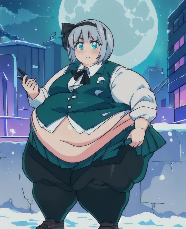 ((best quality, 4k, 8k, anime girl, masterpiece)), ((((beautiful extremely detailed face, beautiful eyes)))), glowing eyes, cinematic lighting, perfect anatomy, ((youmu konpaku)), (((chubby, SSBBW, very obese, extremely wide waist))), (((green vest, blazer, skirt, totaly fitting clothes, oversized clothes))), (full body view), ((gray/silver hair, glowing hair, black headband)), (((very wide waist))), (((fully clothed, fully concealed belly))), ((city lights, cyberpunk, neon signs, snow, moon)), ((thick outlines, anime style, vibrant colours)), slight smile, ((low camera angle)), ((best quality, 4k, 8k, anime girl, masterpiece)), ((((beautiful extremely detailed face, beautiful eyes)))), glowing eyes, cinematic lighting, perfect anatomy, ((youmu konpaku)), (((chubby, SSBBW, very obese, extremely wide waist))), (((green vest, blazer, skirt, totaly fitting clothes, oversized clothes))), (full body view), ((gray/silver hair, glowing hair, black headband)), (((very wide waist))), (((fully clothed, fully concealed belly))), ((city lights, cyberpunk, neon signs, snow, moon)), ((thick outlines, anime style, vibrant colours)), slight smile, ((low camera angle)), ((best quality, 4k, 8k, anime girl, masterpiece)), ((((beautiful extremely detailed face, beautiful eyes)))), glowing eyes, cinematic lighting, perfect anatomy, ((youmu konpaku)), (((chubby, SSBBW, very obese, extremely wide waist))), (((green vest, blazer, skirt, totaly fitting clothes, oversized clothes))), (full body view), ((gray/silver hair, glowing hair, black headband)), (((very wide waist))), (((fully clothed, fully concealed belly))), ((city lights, cyberpunk, neon signs, snow, moon)), ((thick outlines, anime style, vibrant colours)), slight smile, ((low camera angle)),