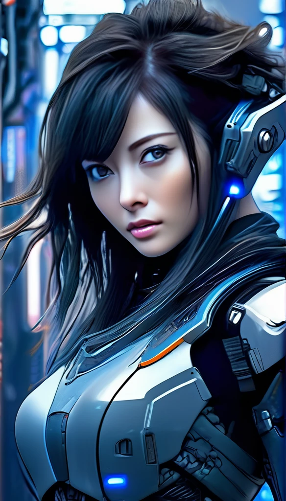 Best image quality, Great details, 超High resolution, (realism: 1.4), Best illustrations, , high density，(((A woman wearing mecha cyber armor, She has a beam rifle))), Cyberpunk Android，Full body photo, Superior quality through precise drawings, 8k,輝くblue eyes,  High resolution, 超High resolution, Best Quality, Shortcuts, Cinematic Lighting Effects, 未来的な美しいBlack Hairの女性, ((blue eyes)), Cyberpunk style woman, (((High tech spaceship interior with blue light illumination))), High-quality images、Black Hair, Shortcuts, Large Breasts, Unreal Engine,