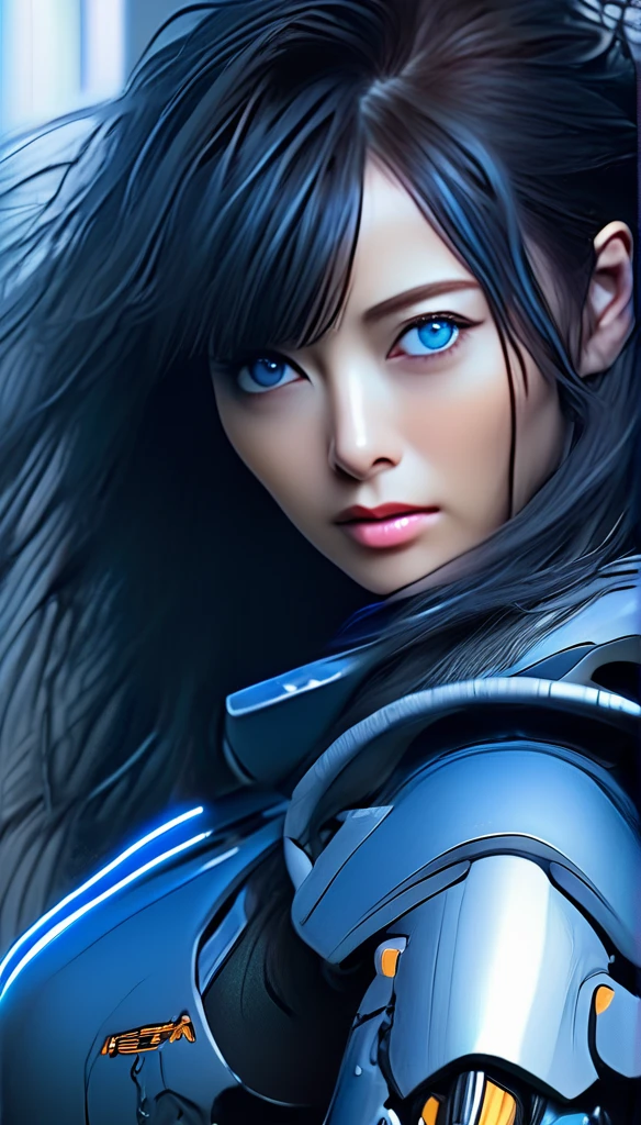 Best image quality, Great details, 超High resolution, (realism: 1.4), Best illustrations, , high density，(((A woman wearing mecha cyber armor, She has a beam rifle))), Cyberpunk Android，Full body photo, Superior quality through precise drawings, 8k,輝くblue eyes,  High resolution, 超High resolution, Best Quality, Shortcuts, Cinematic Lighting Effects, 未来的な美しいBlack Hairの女性, ((blue eyes)), Cyberpunk style woman, (((High tech spaceship interior with blue light illumination))), High-quality images、Black Hair, Shortcuts, Large Breasts, Unreal Engine,