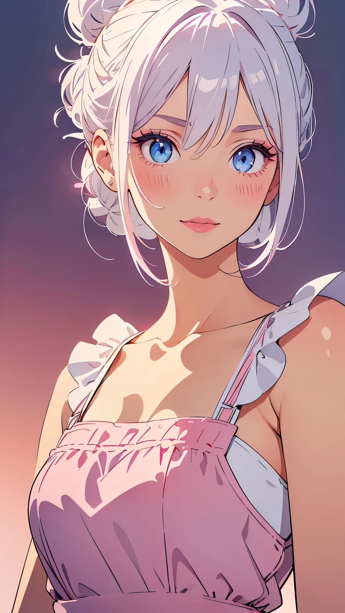 (SFW), ultra-detailed, best quality, soft skin, beautiful, 4K, large breasts, cleavage, kamisato_ayaka, solo, blush, bright eyes, standing, slim body, narrow waist, (from front:1.5), bare thigh, beautiful-detailed eyes, ((white night gown, comfortable night gown, no sleeves night gown)), ((forest background, nighttime)),