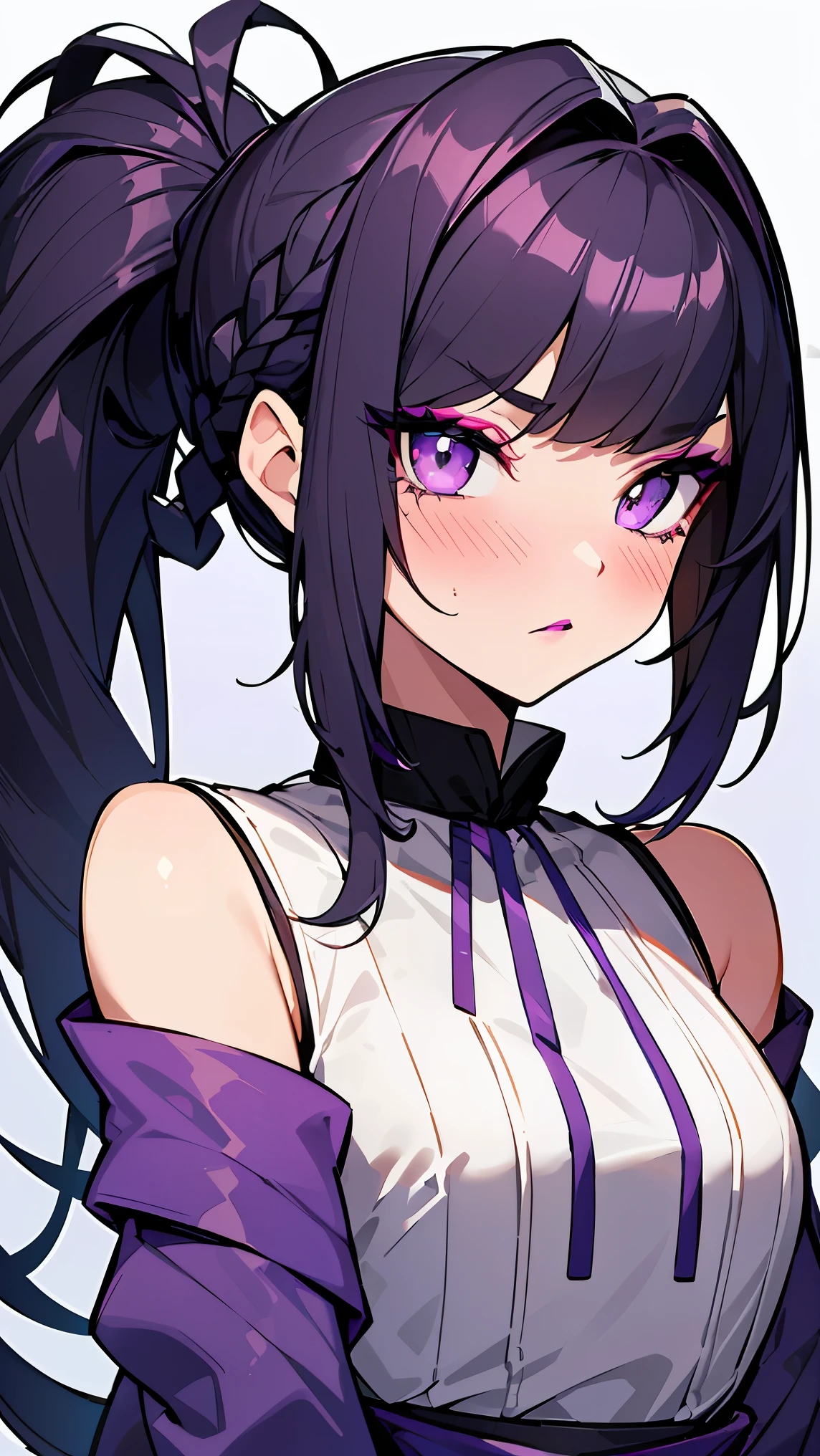 Juri Han, artwork, tight white secretary shirt with black tie, black high-waist skirt, skirt short,sock, Bblack hair, blackstockings,evil smile,,bangs on the eyes,lighting,horn of hair,from above view,staring overhead,crossed arms
