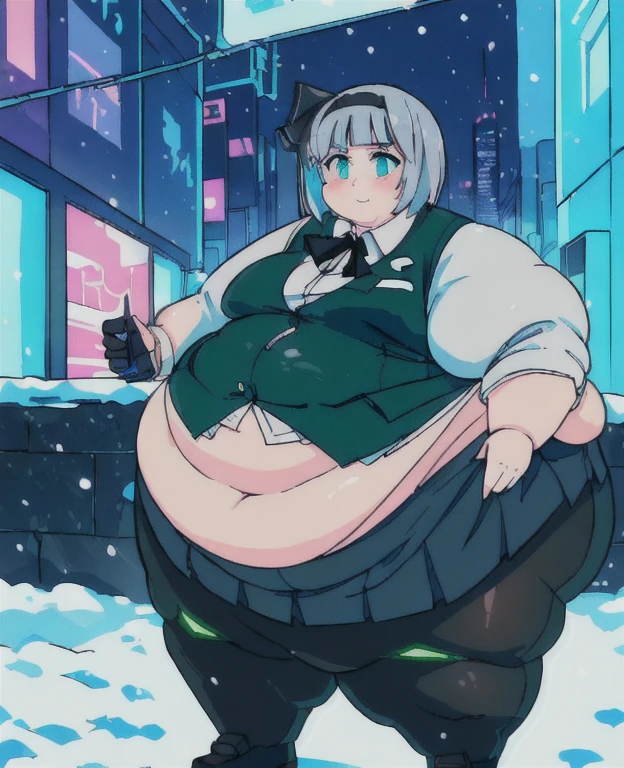 ((best quality, 4k, 8k, anime girl, masterpiece)), ((((beautiful extremely detailed face, beautiful eyes)))), glowing eyes, cinematic lighting, perfect anatomy, ((youmu konpaku)), (((chubby, SSBBW, very obese, extremely wide waist))), (((green vest, blazer, skirt, totaly fitting clothes, oversized clothes))), (full body view), ((gray/silver hair, glowing hair, black headband)), (((very wide waist))), (((fully clothed, fully concealed belly))), ((city lights, cyberpunk, neon signs, snow)), ((thick outlines, anime style, vibrant colours)), slight smile, ((low camera angle)),