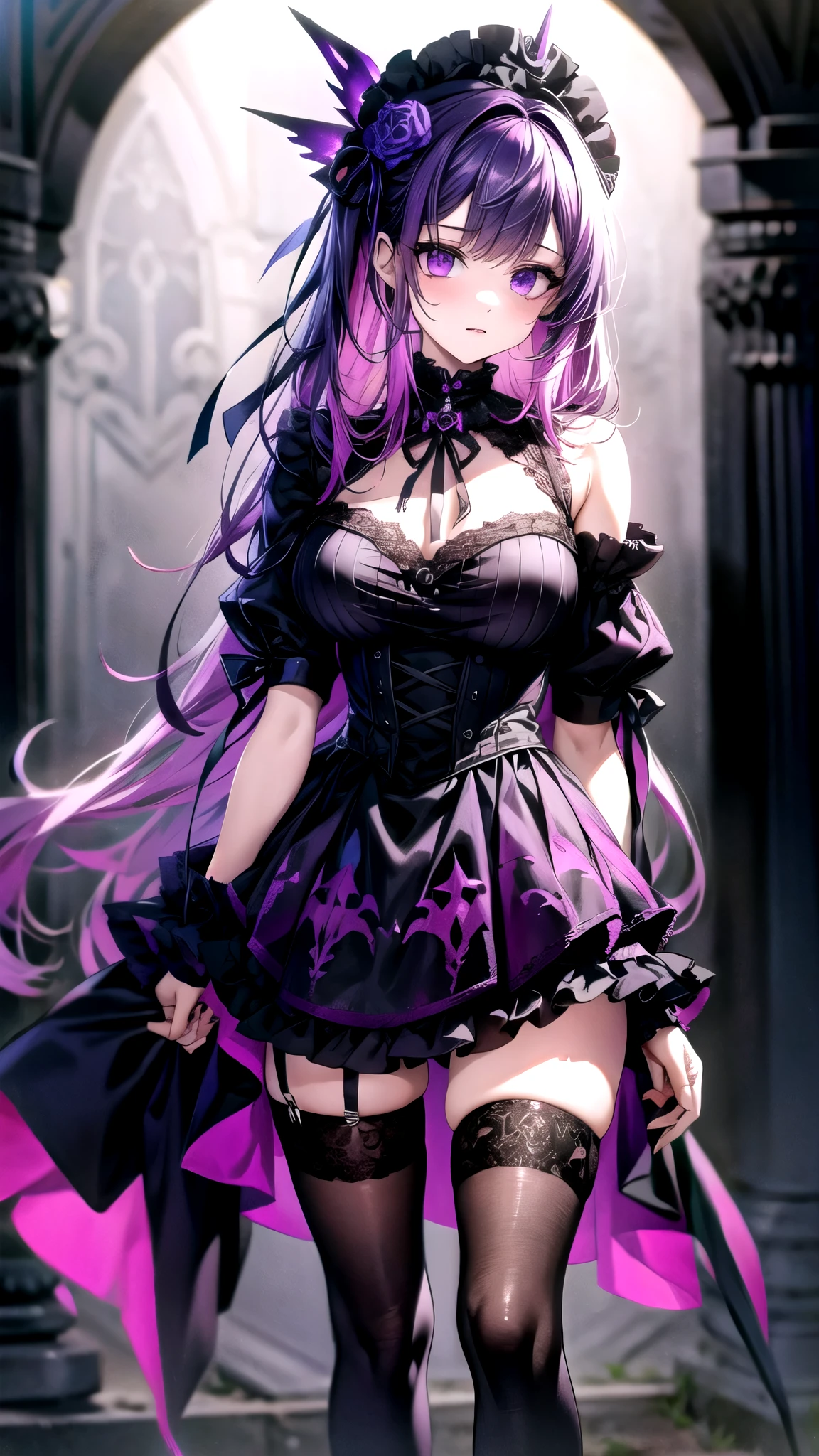 araffe girl in a black dress and purple leg wamer posing for a picture, purple and black clothes, goth punk clothes, witchcore clothes, e-girl, e - girl, gothic clothes, wearing cyberpunk streetwear, punk rock clothes, 1  anime goth girl, pastel goth, gothic clothing, gothic outfit, pastel goth aesthetic, astral witch clothes