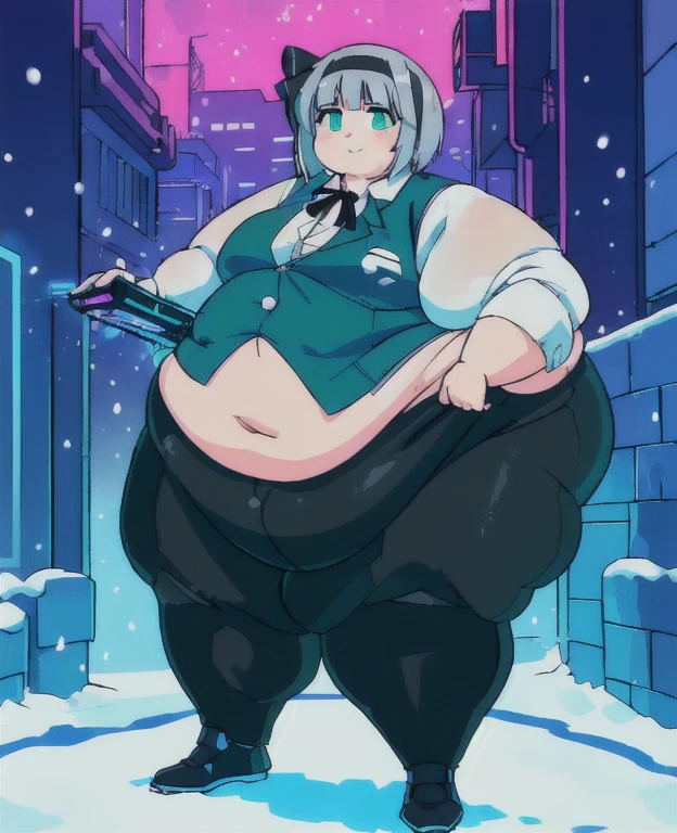 ((best quality, 4k, 8k, anime girl, masterpiece)), ((((beautiful extremely detailed face, beautiful eyes)))), glowing eyes, cinematic lighting, perfect anatomy, ((youmu konpaku)), (((chubby, SSBBW, very obese, extremely wide waist))), (((green vest, blazer, cyberpunk suit, totaly fitting clothes, oversized clothes))), (full body view), ((gray/silver hair, glowing hair, black headband)), (((very wide waist))), (((fully clothed, fully concealed belly))), ((city lights, cyberpunk, neon signs, snow)), ((thick outlines, anime style, vibrant colours)), slight smile, ((low camera angle)),