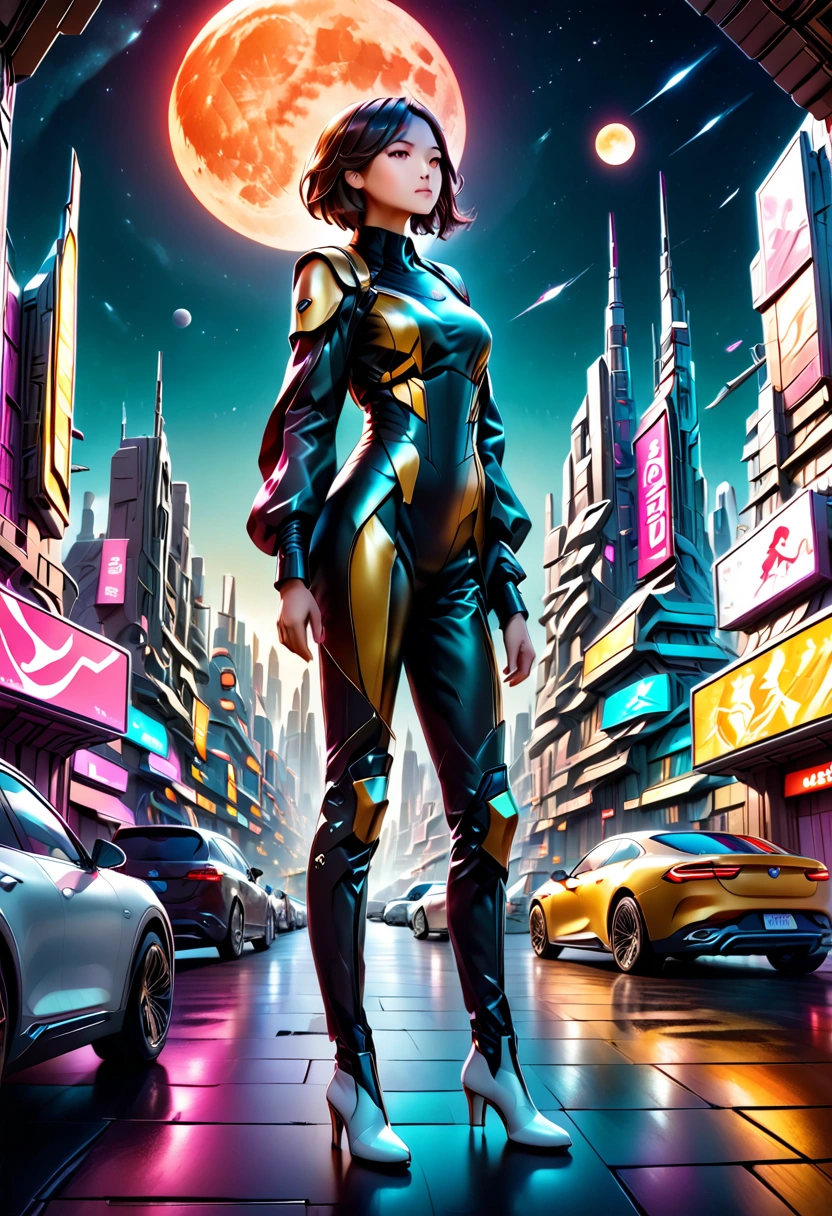 (masterpiece, best quality, beauty, best ratio, best shadows,best Illustration, wallpaper size,1080×2400 pixels,detailed face,pastel colors, futuristic theme) 
uhd, korean female, korean beauty like tae yon, full posture fully visible, shining blue eyes, windblown short hair, wear black and yellow full  armory leather, white boots, hand holding futusistic riffle emits gold energy, standing standing in front of a futuristic city with many colorfull glass houses. outer space, 
big neon billboard, big red  moon seen on far away. use the RenderMan renderer.digital art.High definition, high contrast, high color saturation ,128k,cinematic lighting, intricate,cinematic advertising photograph,cinema lens,high res.