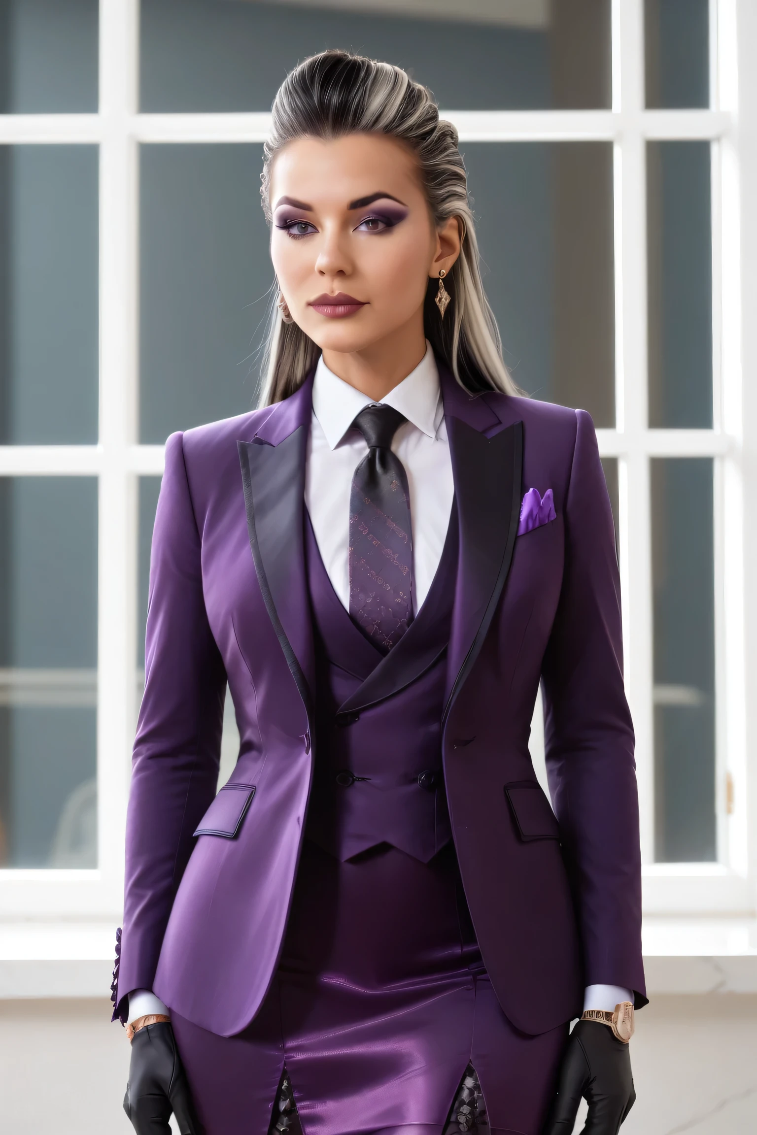 score_9, score_8_up, score_7_up, masterpiece, high quality
 Sndl, long hair, two-tone hair, hair slicked back, three-piece suit, 1girl, solo,  formal, jewelry, suit, black silk necktie, earrings, purple jacket, shirt, standing, hand on hip, window, watch, jacket, wristwatch, black satin shirt, purple skirt, makeup, black gloves, silver trim, pantyhose, cufflinks