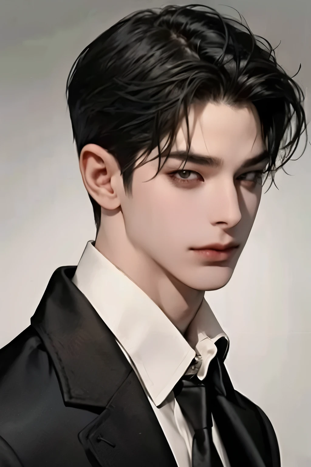 잘생긴 Black hair 20s man, look at me, Modern style, clothes korean style, Dandy style, (masterpiece), (Best quality already), (man), 8k, Very grade, BTS, look at me from the front, Great image, Proud look, Flawless skin, (No beard), Height 188cm, Slim and fit body, cold image, fallen, longing한다, (20s), , (Front shot), Lust적이다, Smile lightly, A strange expression, ((Top quality)), ((masterpiece)), (detailed), (delicate), ((Perfect face)), ((reply)) possessiveness, Lust, longing, Affection, ((Black hair)), ((Black hair)), ((Black hair)), ((pomade머리)), (pomade)