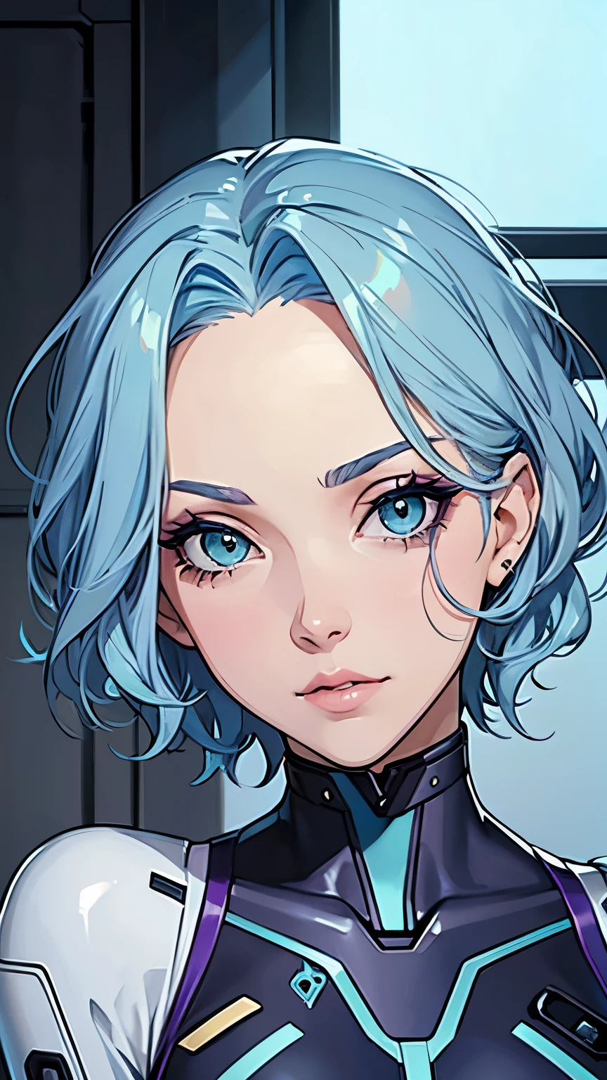 a sexy elite girl, beautiful, tall, wavy light blue hair, short cut, short forehead, her soft green eye, purple eyelashes, she wears a robotic metallic top, a military ship's aerial suit and pants, a gray military aerial suit's armor, black gloves, her hand, her back, her elite wing position.