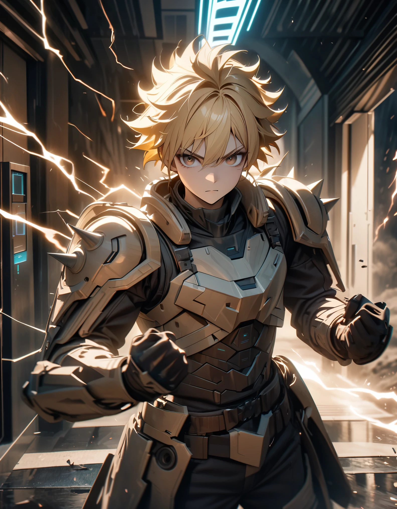 Masterpiece, best quality, high resolution, 8k, 4k, detailed, solo, solo focus, blonde hair, short hair, spiky hair, brown eyes, psychotic look, male mercenary, futuristic light armor, cowboy shot, cinematic lightning, bank entrance, dynamic battle stance, dramatic atmosphere. fix hands.