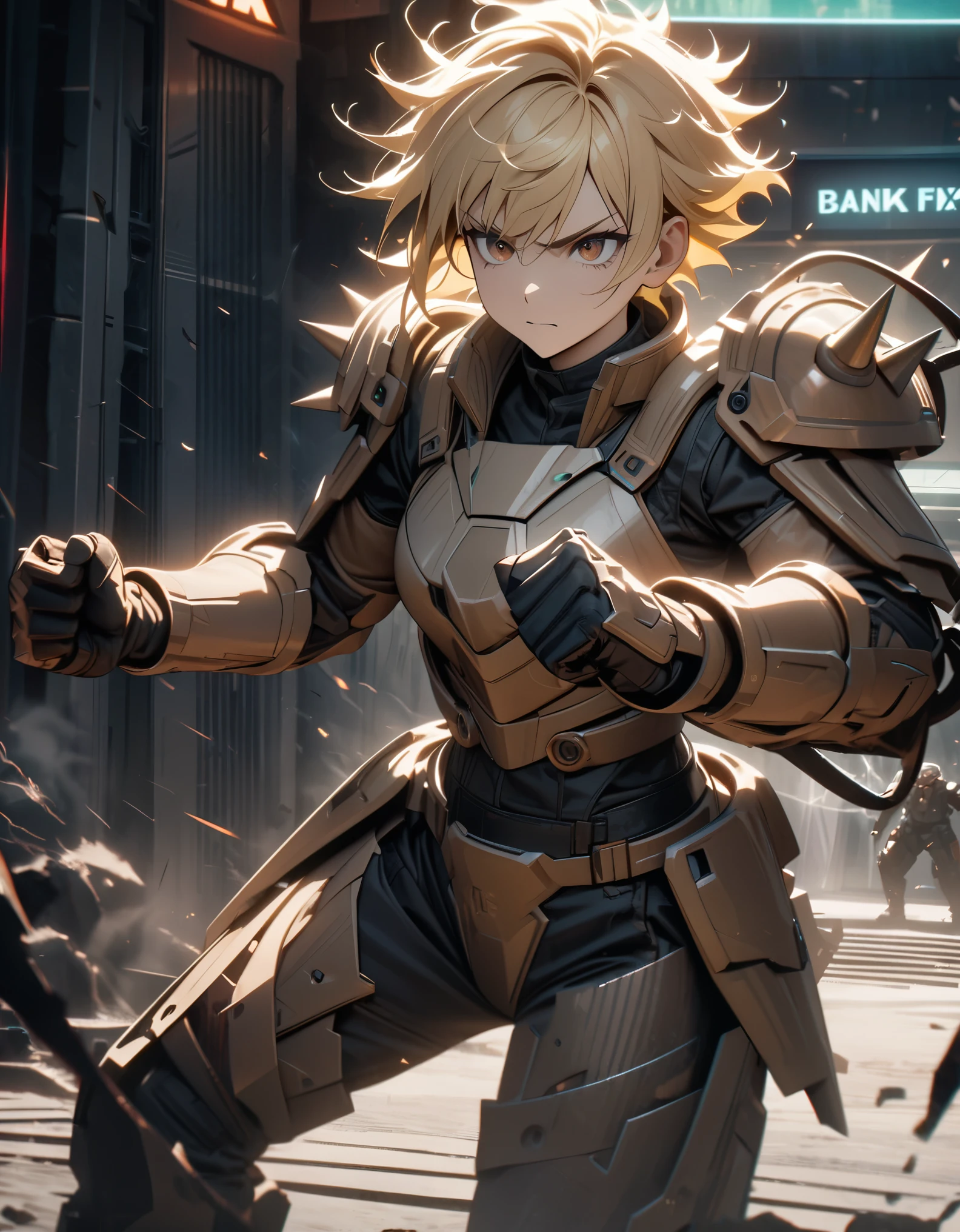 Masterpiece, best quality, high resolution, 8k, 4k, detailed, solo, solo focus, blonde hair, short hair, spiky hair, brown eyes, psychotic look, male mercenary, futuristic light armor, cowboy shot, cinematic lightning, bank entrance, dynamic battle stance, clenched fists, dramatic atmosphere. fix hands. 