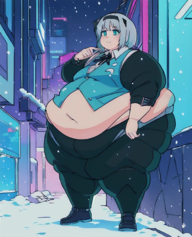 ((best quality, 4k, 8k, anime girl, masterpiece)), ((((beautiful extremely detailed face, beautiful eyes)))), glowing eyes, cinematic lighting, perfect anatomy, ((youmu konpaku)), (((chubby, SSBBW, very obese, extremely wide waist))), (((green vest, blazer, cyberpunk suit, totaly fitting clothes, oversized clothes))), (full body view), ((gray/silver hair, glowing hair, black headband)), (((very wide waist))), (((fully clothed, fully concealed belly))), ((city lights, cyberpunk, neon signs, snow)), ((thick outlines, anime style, vibrant colours)), slight smile, ((low camera angle)),