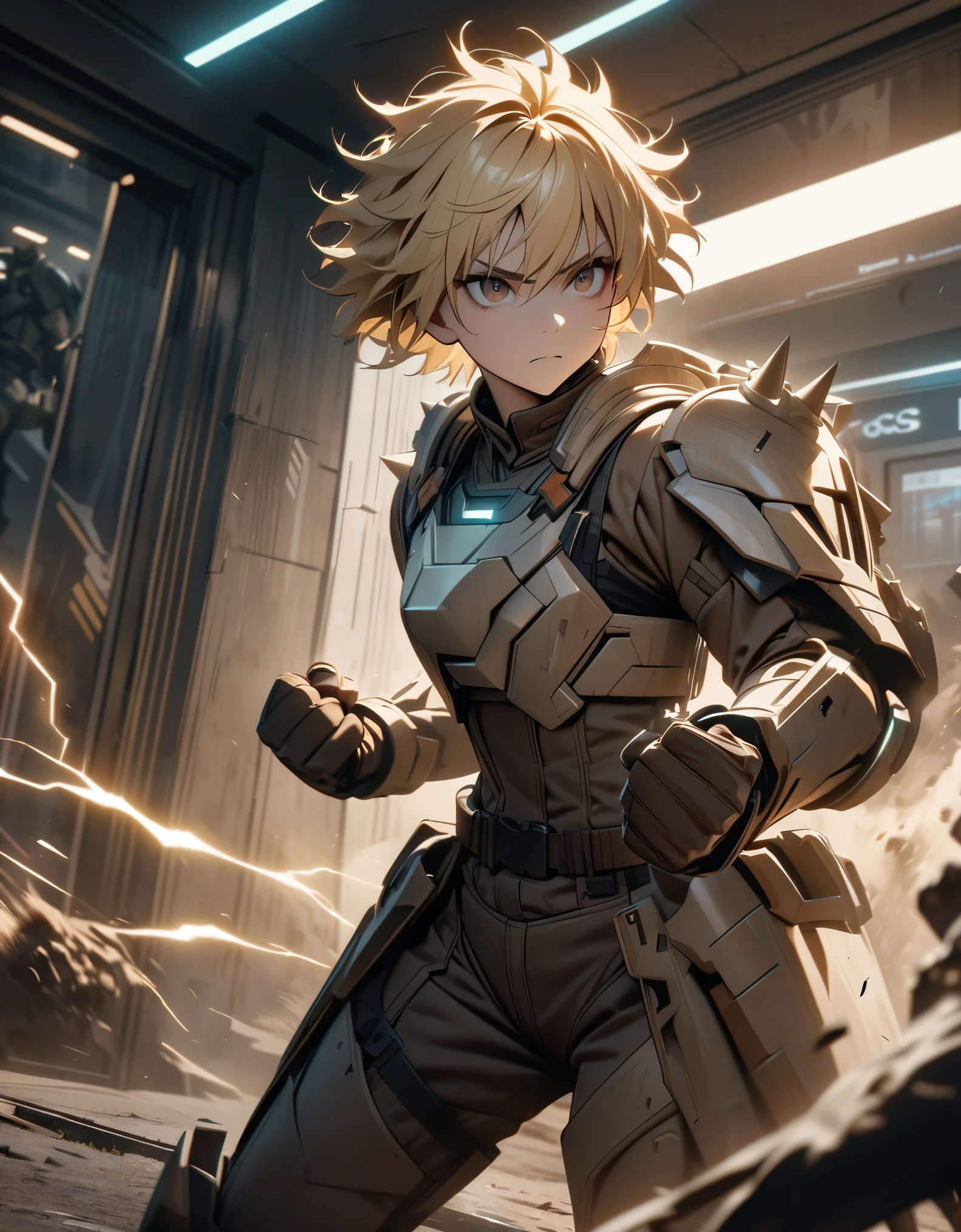 Masterpiece, best quality, high resolution, 8k, 4k, detailed, solo, solo focus, blonde hair, short hair, spiky hair, brown eyes, psychotic look, male mercenary, futuristic light armor, cowboy shot, cinematic lightning, bank entrance, dynamic battle stance, clenched fists, dramatic atmosphere. fix hands. 