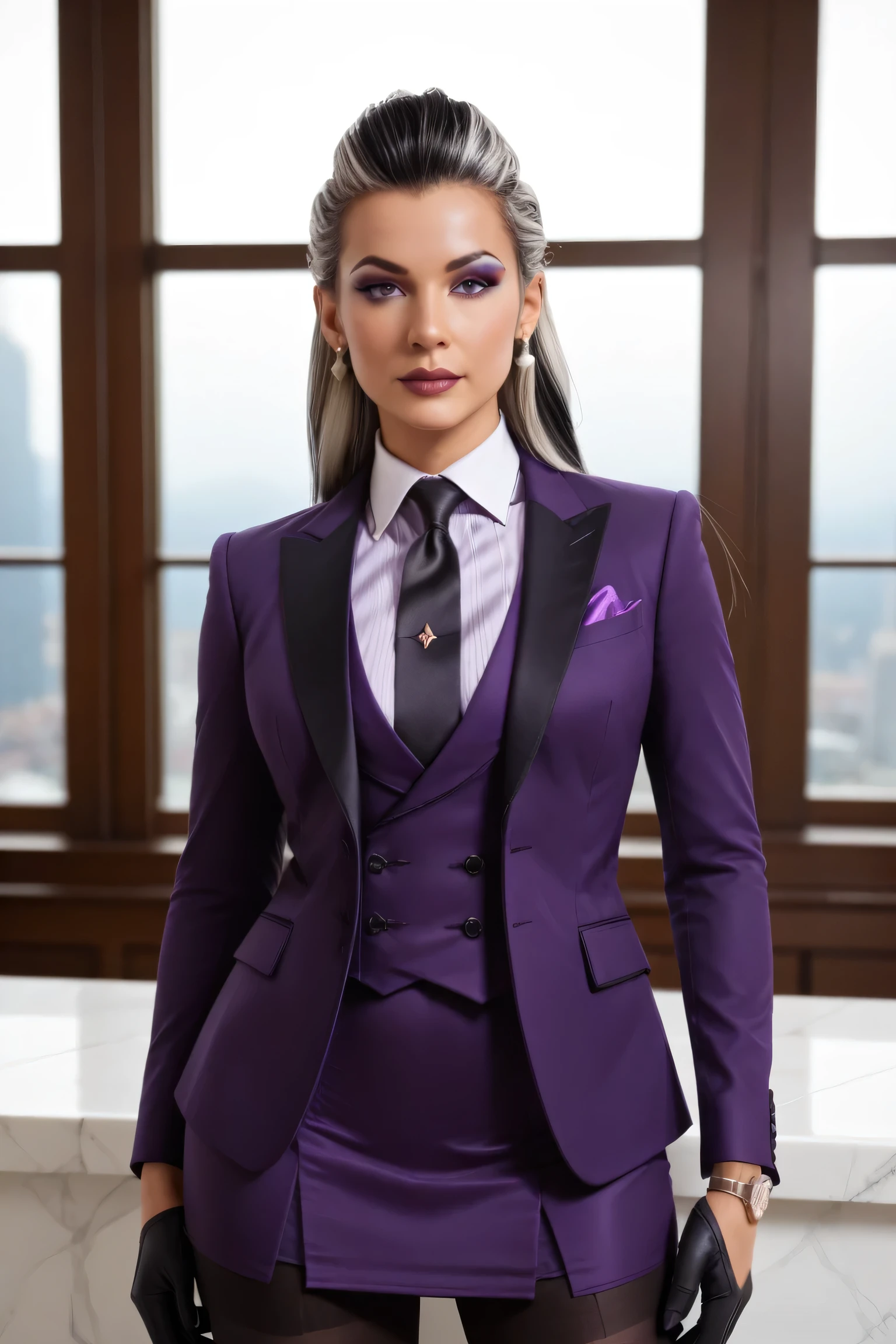 score_9, score_8_up, score_7_up, masterpiece, high quality
 Sndl, long hair, two-tone hair, hair slicked back, three-piece suit, 1girl, solo,  formal, jewelry, suit, black silk necktie, earrings, purple jacket, shirt, standing, hand on hip, window, watch, jacket, wristwatch, black satin shirt, purple skirt, makeup, black gloves, silver trim, pantyhose, cufflinks, purple shirt with white collar