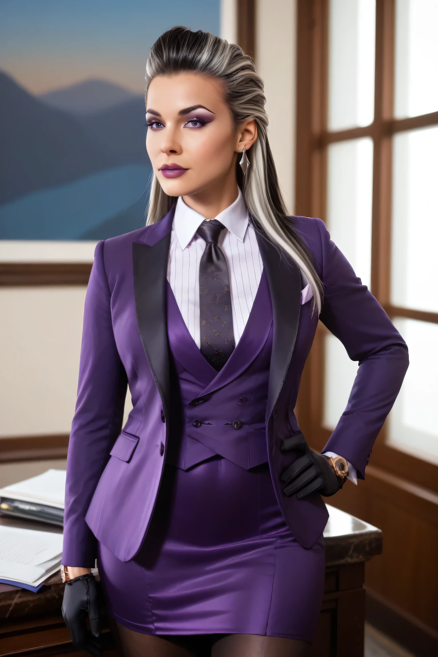 score_9, score_8_up, score_7_up, masterpiece, high quality
 Sndl, long hair, two-tone hair, hair slicked back, three-piece suit, 1girl, solo,  formal, jewelry, suit, black silk necktie, earrings, purple jacket, shirt, standing, hand on hip, window, watch, jacket, wristwatch, black satin shirt, purple skirt, makeup, black gloves, silver trim, pantyhose, cufflinks, purple shirt with white collar