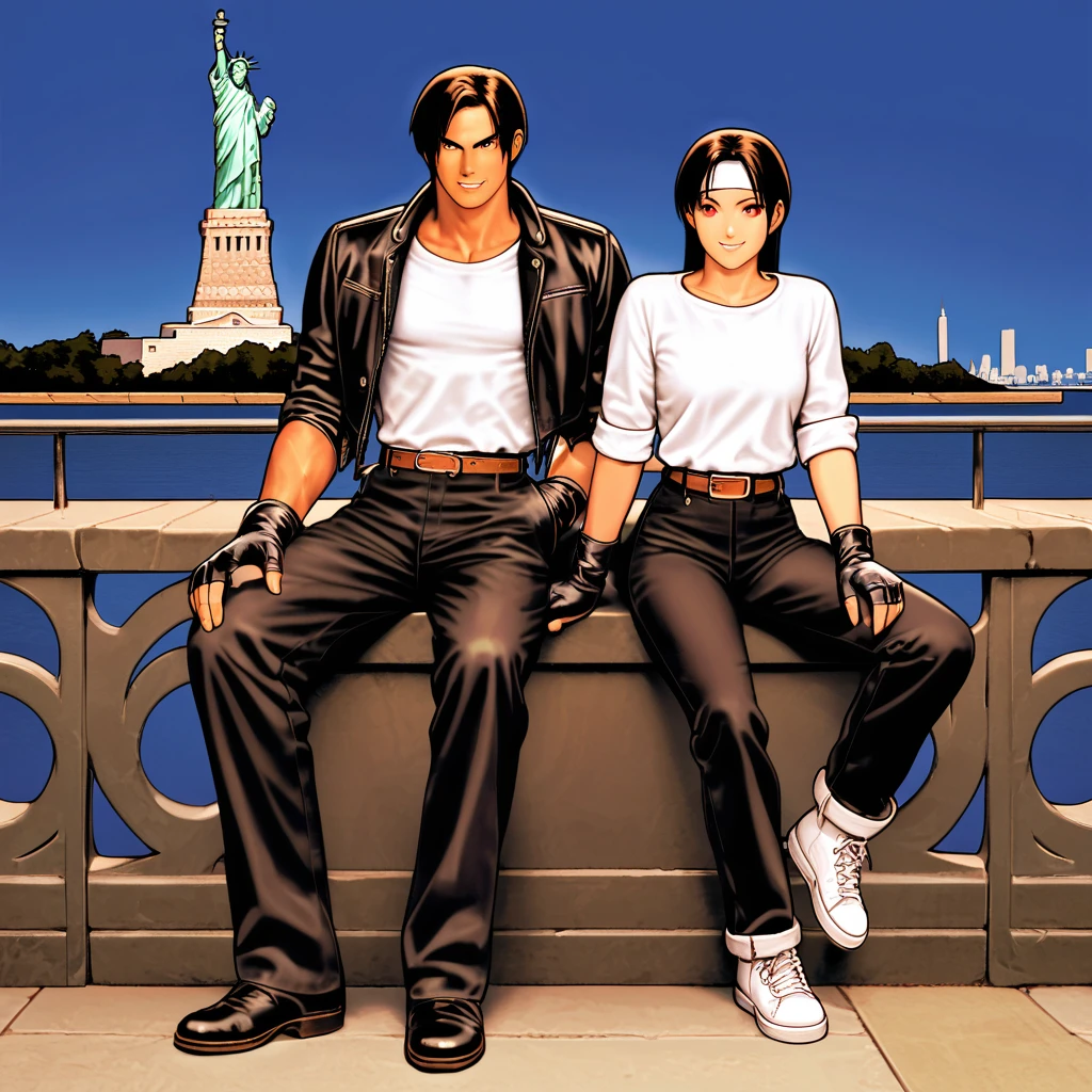 Orochiquillo, dark skin, couple, two people, man and woman, red eyes, ((black leather jacket with rolled up arms)), fingerless gloves, black hair, white t-shirt, ((white headband)), black pants, white shoes, brown belt, handsome, shot, charming, famous, high resolution, fine face, fine grain, night, blue sky, confident Smiling, with lover, Statue of Liberty in background, USA, sitting on terrace, both man and woman wearing same clothes and hairstyle, hand on chin, toothy smile, looking at Statue of Liberty