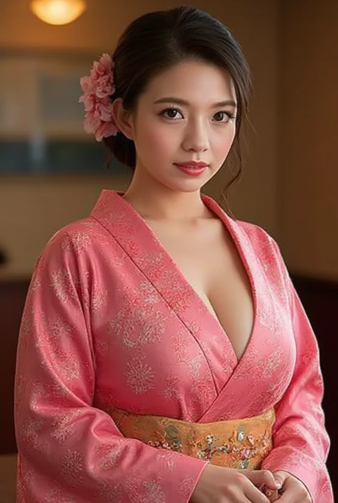 Japanese Girl(Wearing pink kimono),Huge Breasts，UHD, masterpiece, high details, high quality, best quality, highres