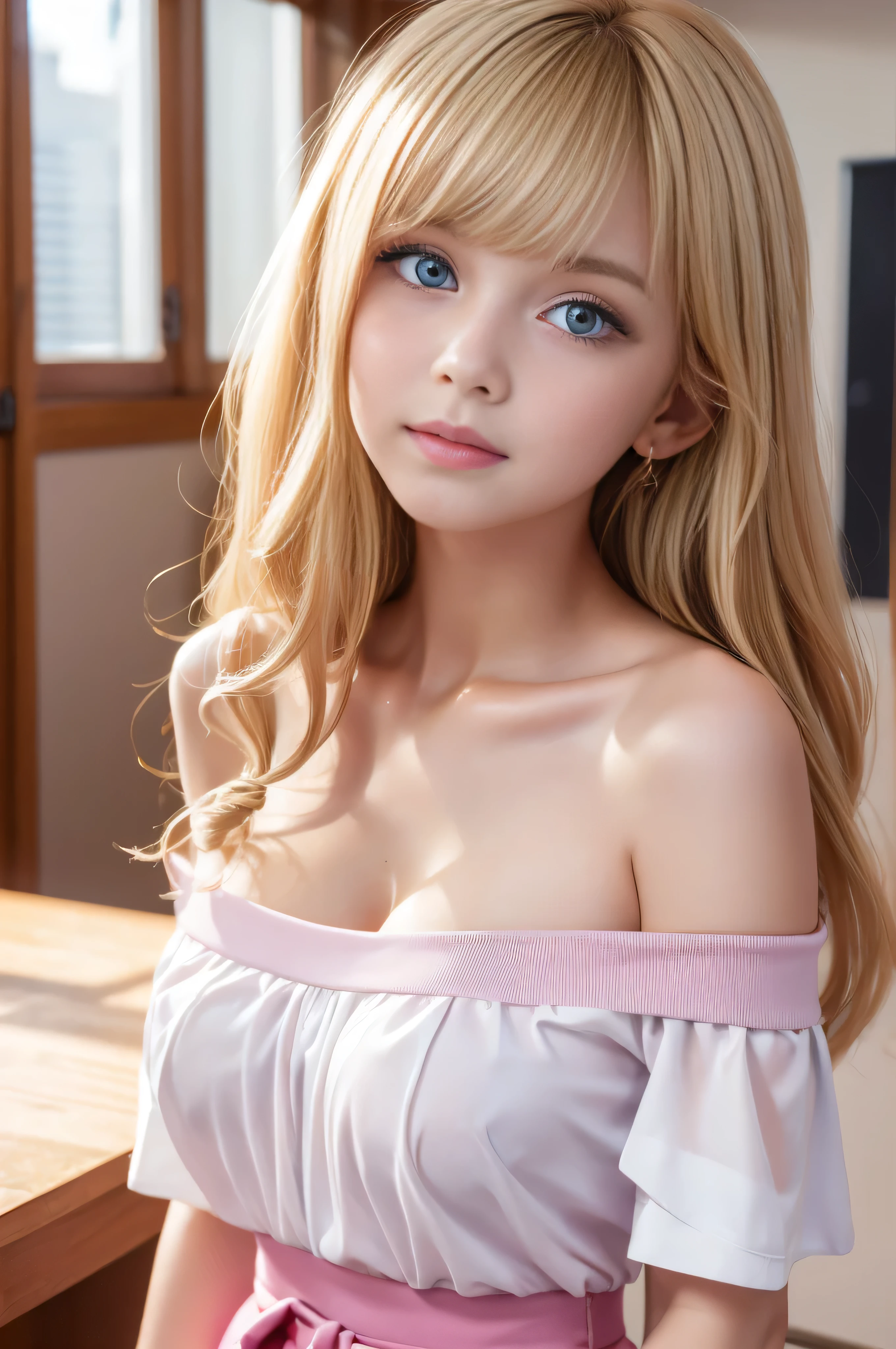 High School student wants a better grade, classroom, seductively willing, offering herselff, 1girl, solo, 1, Long Blonde wavy hair, ((small breasts, cleavage)), makeup, Large blue eyes, Cute girl, American girl, blonde girl, revealing school uniform, ((pink high-school uniform)), classroom, ((sexy, petite)), popular girl, Looking at the Viewer, ((Glossy bright silky blonde hair))、Very beautiful eyes and messy bangs between her nose and eyes、White skin、Radiant Skin、Glowing Skin、Gloss Face、Cheek gloss、Small Face Beauty, ((Bare shoulders)), jewelry, ((Full Body)), (Highly detailed 8K wallpapers), Soft lighting, High quality, Film Grain, Fujifilm XT3 Sharp Focus, F 5.6, High detail,  Sharp Focus,(Natural light), (Fascinating breasts), ((Off-the-shoulder shirt)), ((Realism, sexy))、She has beautiful big bright pale blue eyes、eyeliner、Young face、round face、