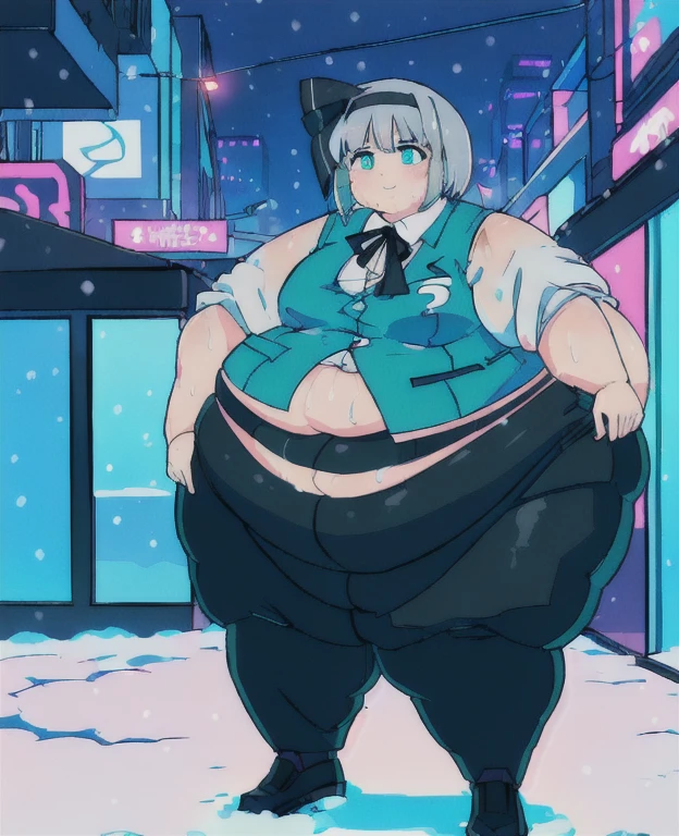 ((best quality, 4k, 8k, anime girl, masterpiece)), ((((beautiful extremely detailed face, beautiful eyes)))), glowing eyes, cinematic lighting, perfect anatomy, ((youmu konpaku)), (((chubby, SSBBW, very obese, extremely wide waist))), (((green vest, blazer, cyberpunk suit, totaly fitting clothes, oversized clothes))), (full body view), ((gray/silver hair, glowing hair, black headband)), (((very wide waist))), (((fully clothed, fully concealed belly))), ((city lights, cyberpunk, neon signs, snow)), ((thick outlines, anime style, vibrant colours)), slight smile, ((low camera angle)), (((giantness))),