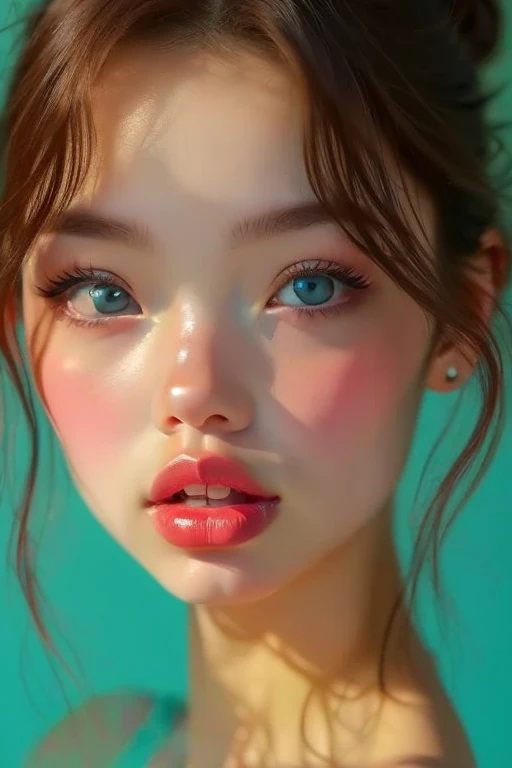 Very detailed, Very realistic, Hyperrealism, Ultra-realistic, (masterpiece, Stylish eyes with attention to detail: 1.2), (cute), 15years old girl, Off-the-shoulder sheer clothing,Standing  on the runway,Fashion studio white background, Eyes looking at the camera,Improves skin texture, lips,Emphasizes the thickness of the lips、Natural looking makeup, Highlight your lips, Lips slightly open in the center、Big Mouth, Thick lips, Moist lips, Fuller lips, Light pink lip gloss for glossy lips, Lip balm makes your lips shiny, long brown hair,The forehead is hidden by the bangs, (Perfect oval shape with large clear blue eyes), Blue gorgeous perfect eyes, (Charming young woman:1.3), (Charming:1.3), Photorealistic, Bright and soft lighting, 4K, Best Quality 