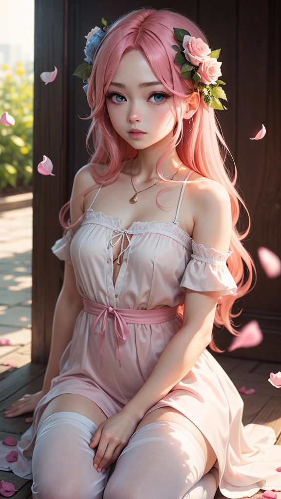 Realistically, high resolution, Soft Lighting,，(1 female 1:1.5), Huge breasts，Radiant skin, Delicate skin, Solitary, Lift your hips slightly, Just looking at the audience, Laugh happily，(Delicate face), White hair, High Ponytail，Pink hair accessories，Long white hair，blue eyes, Transparent tulle headband，The clothes are transparent，(Pleated Skirt)，belt，The background is the garden（Full of colorful roses）