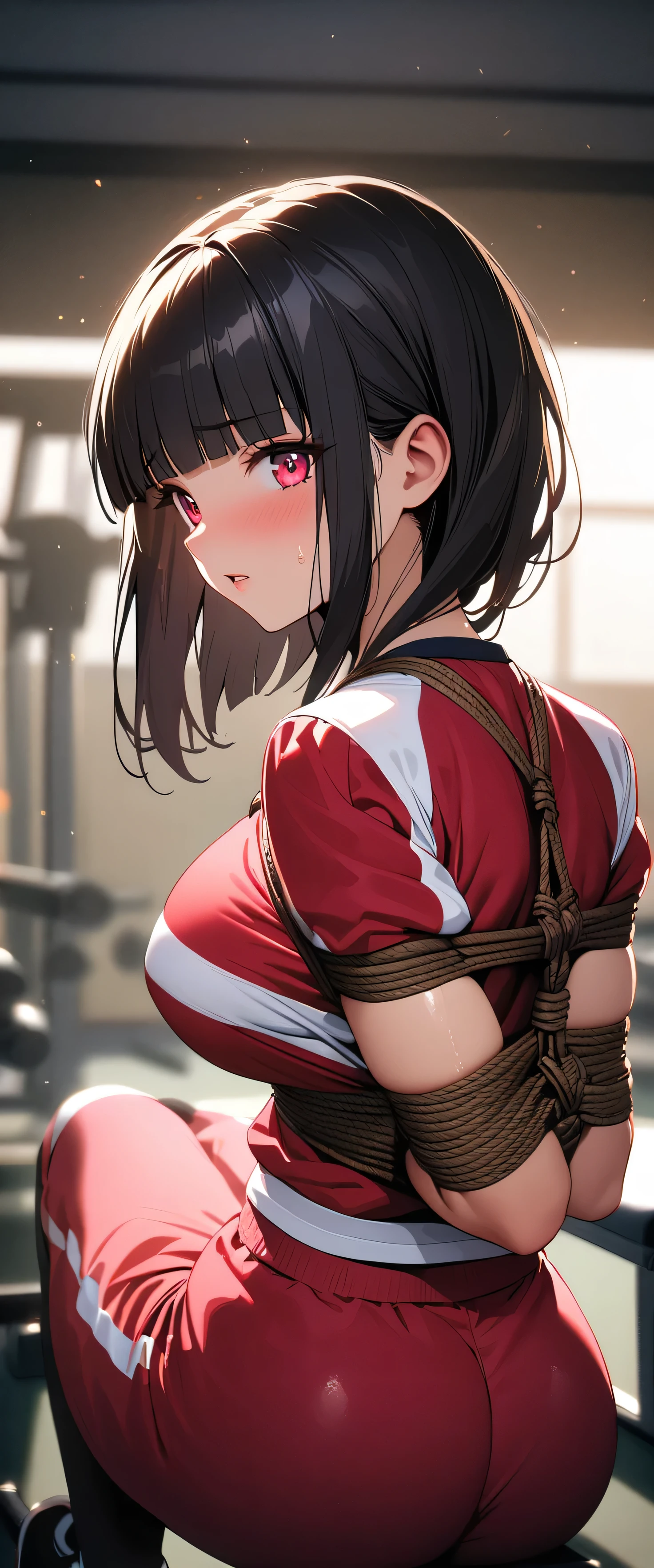 (beautiful girl: 1.3),1girl,masterpiece, Highest quality, Ultra-high resolution,rich contrast,super high quality,8k,Highly detailed CG unit wallpaper,texture,Incredibly absurd,Ultra-high resolution,RAW Photos,Depth of Field 1.2,(blunt bangs,Black Hair),Ultra-detailed eyes,Glowing Skin,sweat,Glitter effect,Beautiful glossy lips,(school gym clothes:1.5),Short sleeve,gym,(bound,bondage,breast,bondage,Shibari),((Large Breasts&Big Ass)),(Rear View:1.5)