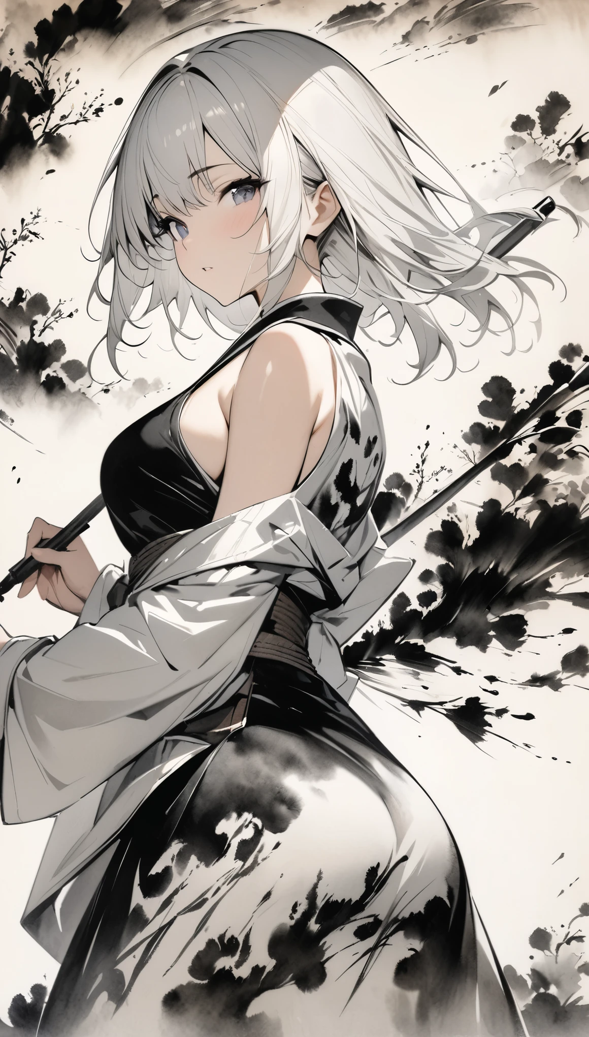 ((high quality、masterpiece、detailed、normal body、5This finger、Precise、delicate))、beautiful girl swordsman((C cup、Holds a Japanese sword in the right hand、holding the scabbard in the left hand、silver hair))、black racy robe、Black and white bra、white racy mini skirt、My skirt is blowing in the wind and I can see my underwear、wielding a Japanese sword、unsheathed sword、Absence、Good Japanese sword、Blade length 80cm、Scabbard 82cm、pulls out a Japanese sword from its sheath、mowing down、Feminization:1.7