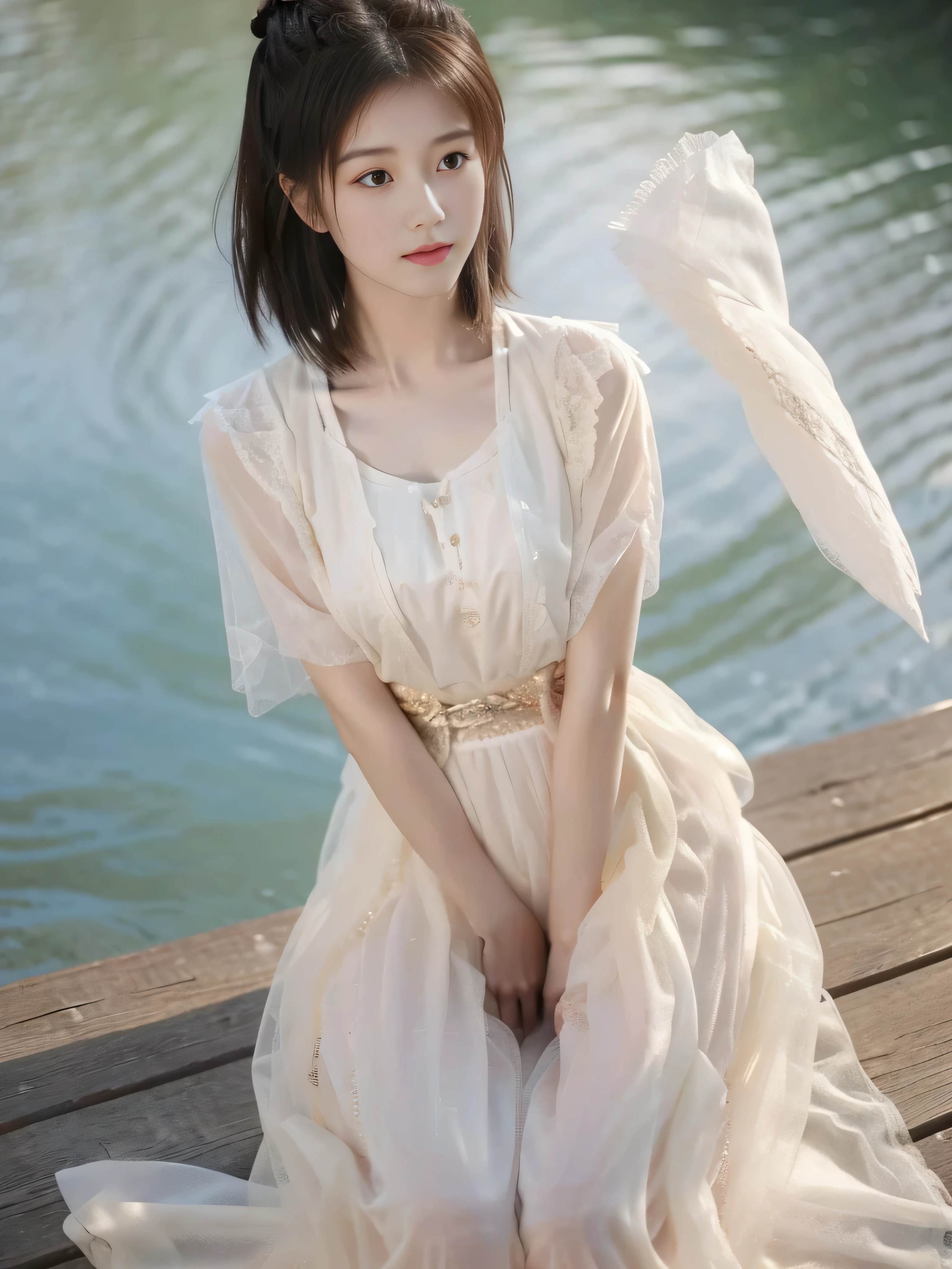 A beautiful Chinese girl，Short to medium length hair，Sitting on the ground，Upper Body，Very full breasts，Full figure，Protruding chest，Very thin waist，Gauze clothes