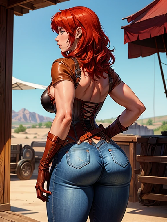 Red hair girl, Kari Byron, cowgirl, wild West scene, wearing jeans, Corset, cowboy boots, leather gloves, back view, focus on her ass, thighs 