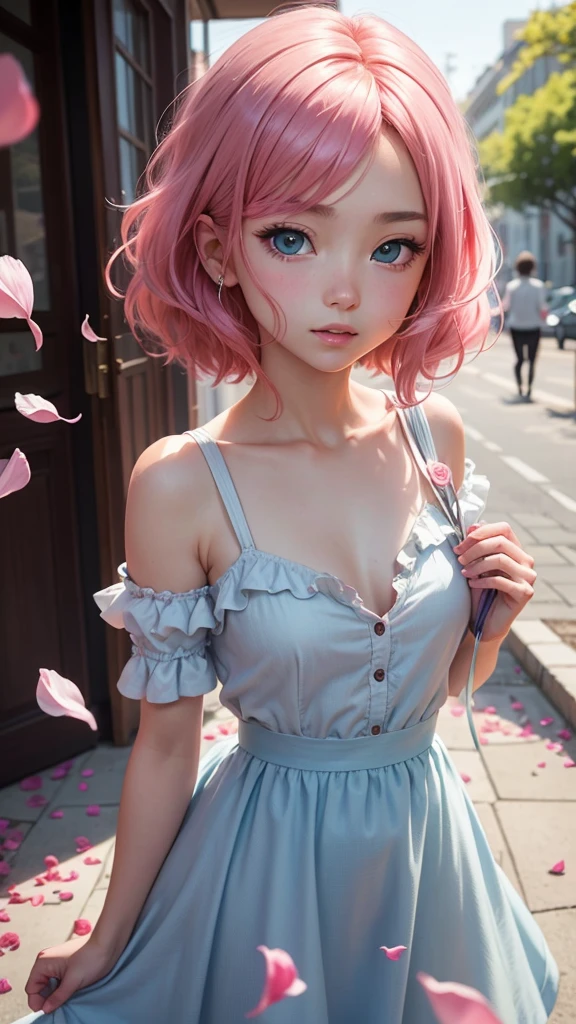 woman, medium breasts, blue princess dress, pink hair, short hair, headband, from above, medium shot, depth of field, ((blowing cheeks)), (cleavage), crossed hands, enhanced image, add_detail:0.6, perfect hands, outdoors, garden