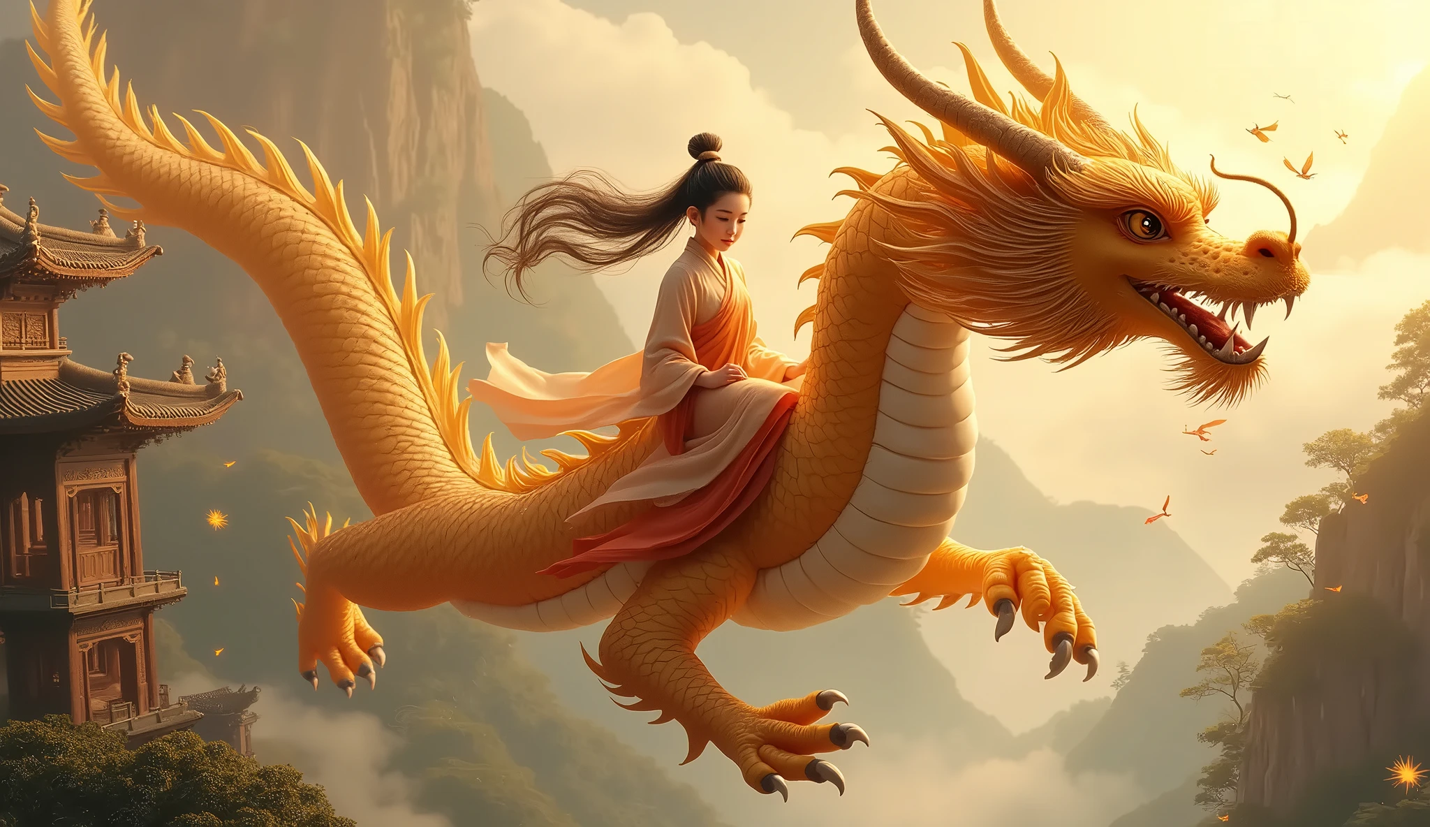 A princess in full Tang Dynasty regalia, dressed in white, stands on a flying dragon in the sky above the Tang Dynasty capital.