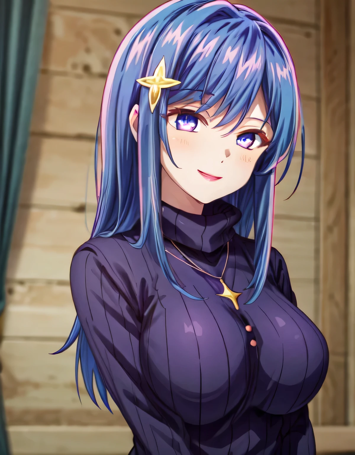 (large breasts:1.55),(shiny hair),((solo)),((masterpiece)),((best quality)),perfect anatomy,slim waist,perfect image,8k UHD,(beautiful detailed eyes:1.5),extremely detailed face,standing,(upper body:1.2),(look at the front:1.5),ultra-detailed,absurdres,ultra-highres,arms behind back,maha,blue hair,long hair,(purple eyes),hair ornament,turtleneck sweater,shiny purple sweater,necklace,indoor room,smile,(lips:0.7),