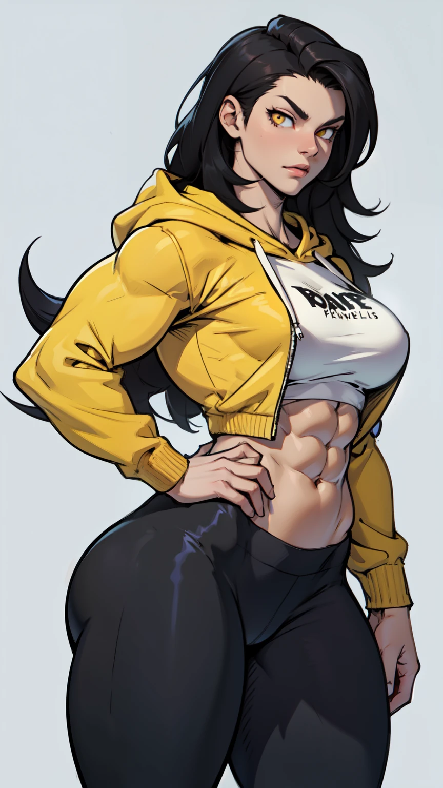 ((grey background)), solo, ((((1 girl)))), very long hair, black hair, angry, yellow eyes, (((((muscular))))), (huge tits), (thick thighs), (wide hips), pale skin, standing, slick hair, hoodie, leggings