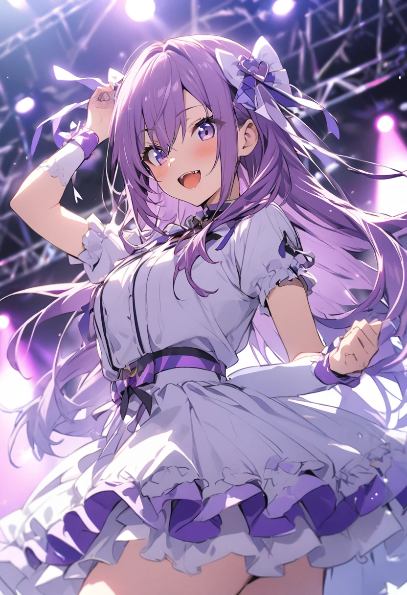 Ai Hoshino, Long hair, Purple hair, Striped hair ,Purple eyes, Star-shaped pupils, hair adornments, ,Ink and white idol costume,Stage, 1girll, full bodyesbian,Solo, High heels, upper legs, stage light, Stage,  Purple eye,Star eyes,Sparkling eyes,Shining eyes,Star-shaped pupils,Detailed eyes, white thighhighs, Purple colored hair,Blowing hair, holding microphone, Holding, Smile, hair adornments,  view the viewer, dress, Short sleeves, flower, hair flower, Breasts, frilld, Pink footwear, full bodyesbian, frill dress,Large breasts