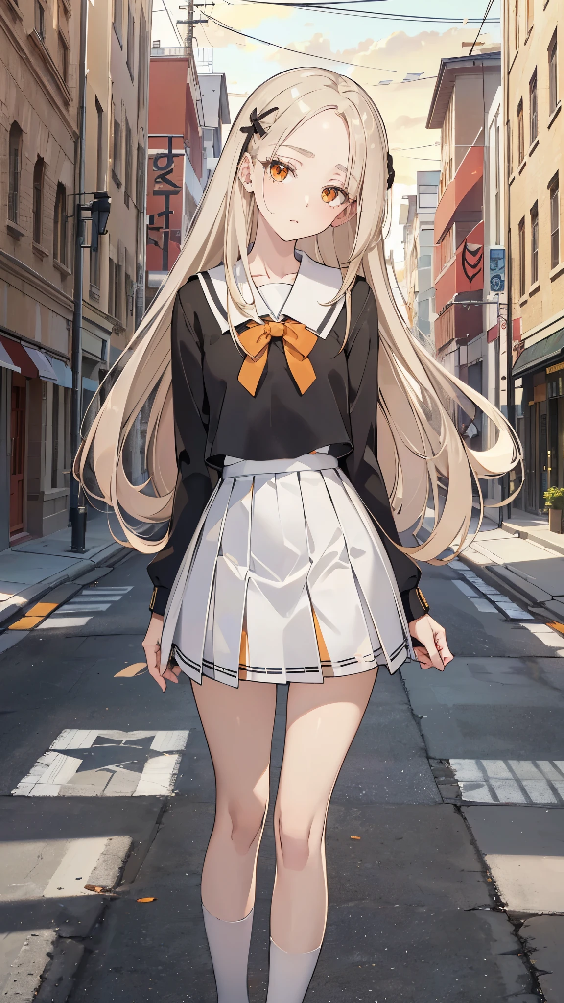 masterpiece, ultra detailed, 8k portrait, RAW photo, portrait photography, Highly detailed face, beautiful and meticulous eyes, (amber color eyes:1.5), Glasses, (tilt one's head:1.5), (standing on street:1.5), outdoor, (high school uniform:1.7), cute girl, (platinum blond hair:1.5), (platinum blond colored eyelash:1.5), (medium hair:1.0), (parted bangs:1.5), (hairpin1.5), (sleepy face:1.0), young girl, 1girl, beauty girl, pretty girl, 159cm, 41kg, (skinny:1.5), 