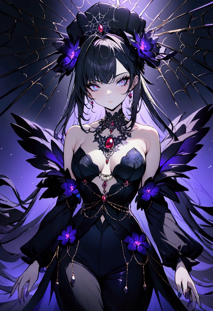 1girl,tuxedo,hat,elaborate dress,jewerly,neckless,looking to the back,spider web,((masterpiece)),((best quality)),intricate detail,spell,confident,colored nails,dark flower,allure of darkness,