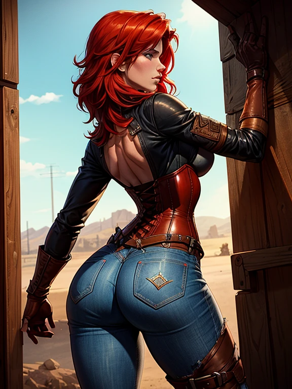 Red hair girl, Kari Byron, cowgirl, wild West scene, wearing jeans, Corset, cowboy boots, leather gloves, back view, focus on her ass, thighs , dramatic lighting, cinematic composition 