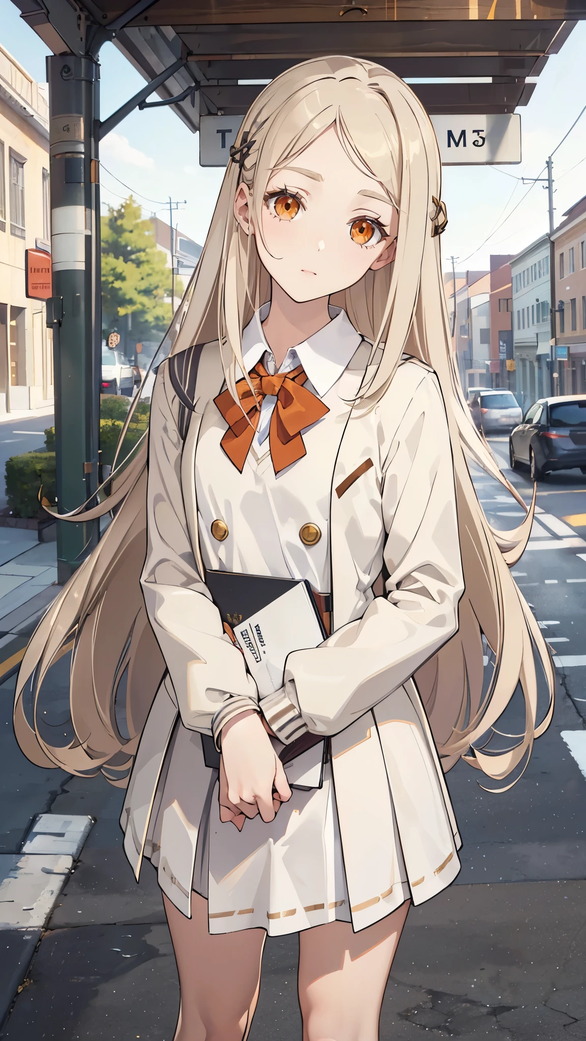 masterpiece, ultra detailed, 8k portrait, RAW photo, portrait photography, Highly detailed face, beautiful and meticulous eyes, (amber color eyes:1.5), Glasses, (tilt one's head:1.5), (standing on street:1.5), outdoor, (high school uniform:1.7), cute girl, (platinum blond hair:1.5), (platinum blond colored eyelash:1.5), (medium hair:1.0), (parted bangs:1.5), (hairpin1.5), (sleepy face:1.0), young girl, 1girl, beauty girl, pretty girl, 159cm, 41kg, (skinny:1.5),