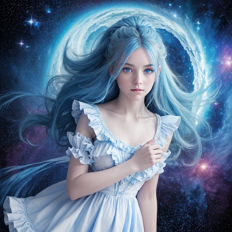 absurdity, high resolution, (official art, beautiful and aesthetic:1.2), (near vision:1.15), (1 girl, blue hair, medium hair, Blue eyes, Bright Eyes, long white dress, blue frill,:1.2) blue sky, Twinkling Galaxy, (Salar de Uyuni:1.2), (fractal art:0.8), water effects, ripple effects, (floral effects: 0.65), Lighting effects,