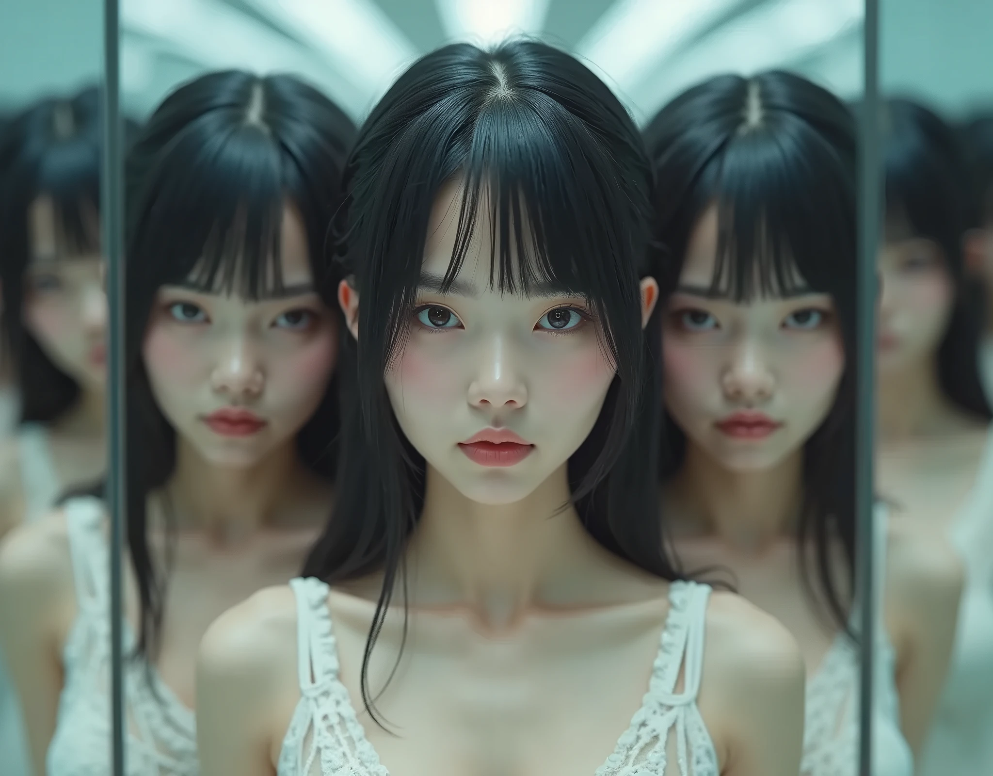(((cloned face)))
(((similar identical twins)))
All the girls have the exact same face, The two have the same face and figure, as if they were mirror images