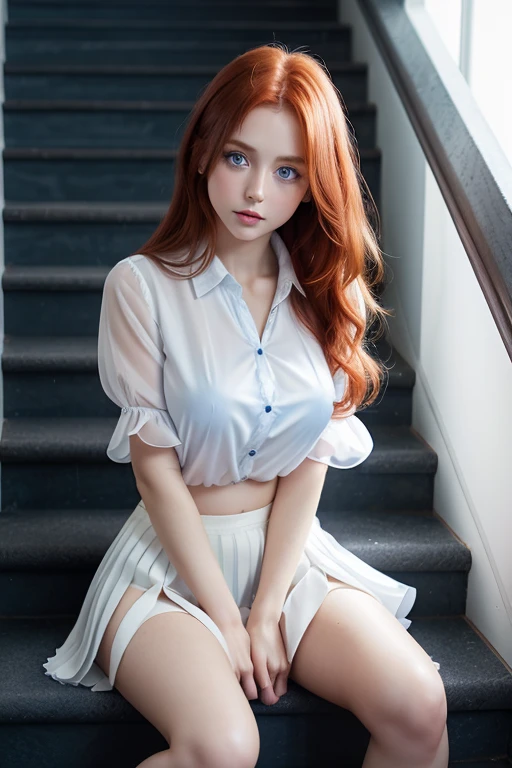 sexy young girl, long haired redhead with blue eyes, short black skirt, sexy short shirt, medium breasts, on knees, pose on knees, view from above, view above