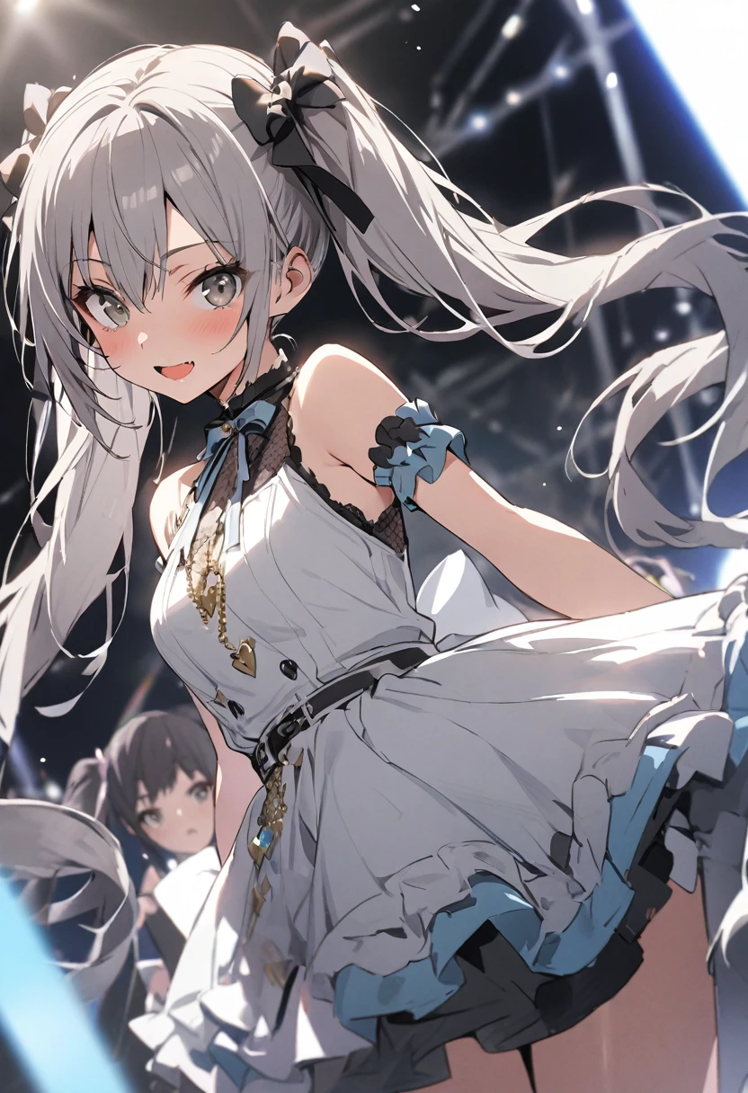 noble girl
BREAK long white-silver hair, braid, side bangs, hair ornament, flower hair clip, blue eyes, thin lips, small , thin thighs
BREAK casual dress, gold ring, sleeveless dress, dark blue dress
BREAK looking at viewer, upper body, blush, quite annoyed face