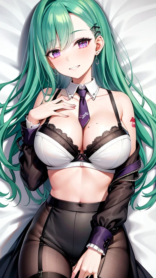 8k high resolution, detailded face, detailed bpdy, perfect body,1girl,
BREAK Yakumo Beni, green hair, purple eyes, natural makeup,
BREAK (Wear black business clothing, black_Collared shirt cropped jacket ,tie,neck tie,Black ruffled skirt, Garter Straps, 
BREAK large breasts, floox style, rating_explicit, floox style, high resolution,,, expressiveh,, perfect anatomy, masterpiece, solo, naughty face, big , detailed eyes, indoors, (lying on side:1.2), close-up,  breasts focus,breasts_out, (bra:1.2)