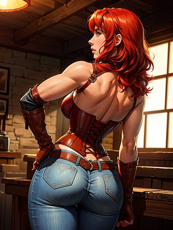 Red hair girl, Kari Byron, cowgirl, wild West scene, wearing jeans, Corset, cowboy boots, leather gloves, back view, focus on her ass, thighs , soft lighting 