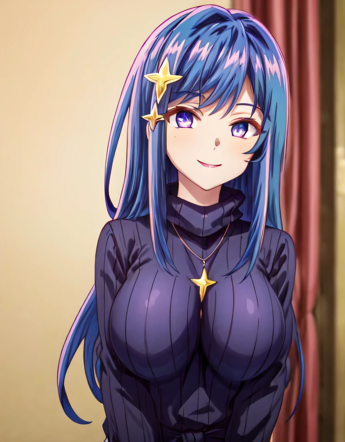 (large breasts:1.72),(shiny hair),((solo)),((masterpiece)),((best quality)),perfect anatomy,slim waist,perfect image,8k UHD,(beautiful detailed eyes:1.5),extremely detailed face,standing,(upper body:1.2),(look at the front:1.5),ultra-detailed,absurdres,ultra-highres,arms behind back,maha,blue hair,long hair,(purple eyes),hair ornament,turtleneck sweater,shiny purple sweater,necklace,indoor room,smile,