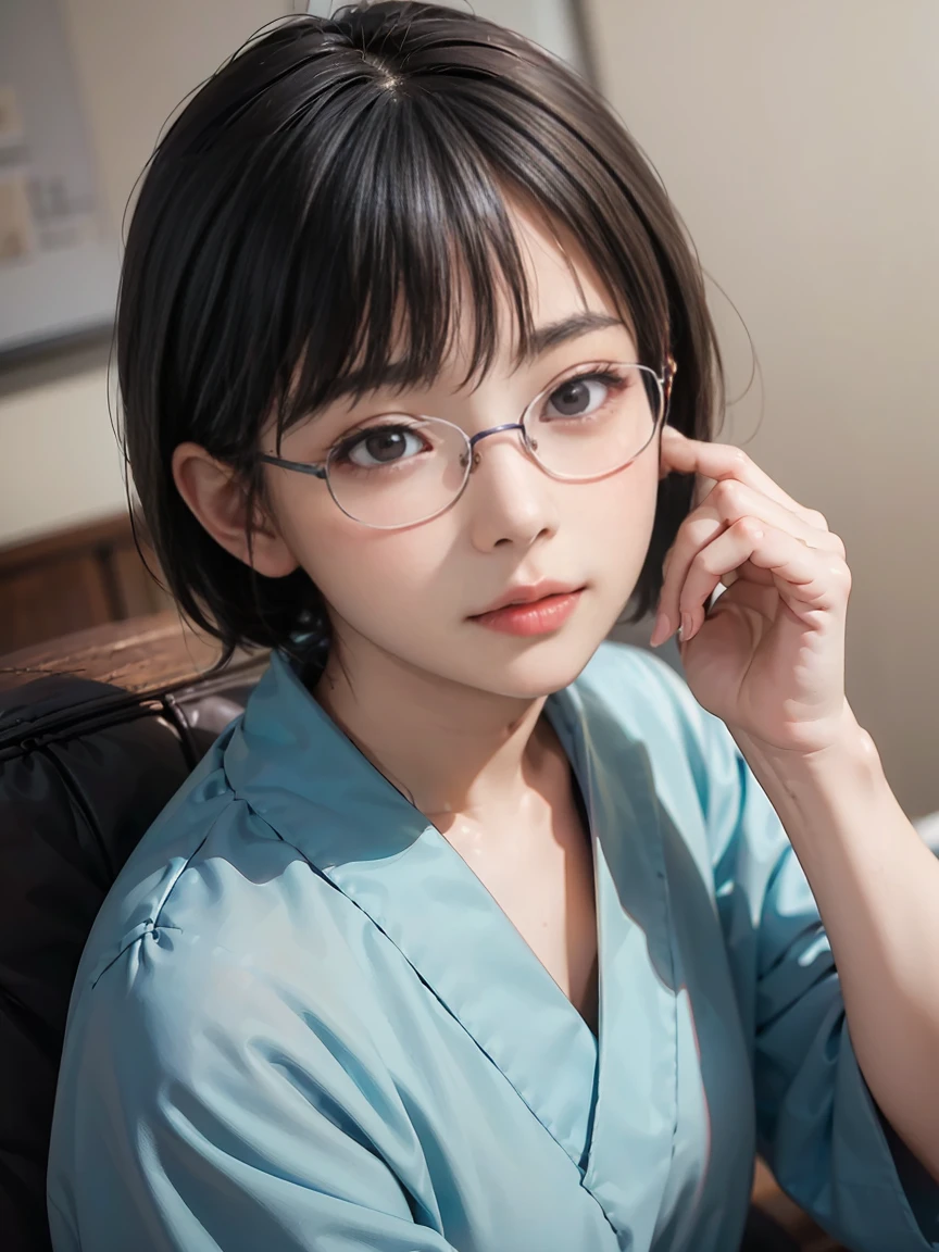 8k,Best Quality,(masterpiece:1.2),(Realistic),(Realistic:1.37),Ultra-high resolution,1. Japanese women, 4,Married Woman、Droopy eyes,Beautiful teeth alignment,Wear rimless glasses、Black short bob hair、 Looking down from above,Well-formed fingers,Shinjuku,(((she&#39;she&#39;she&#39;She&#39;s wearing a cute camisole、Plunging neckline.))),Very large breasts、Big Breasts,Perfect body,Perfect Fingers,Beautiful Skin,Professional Lighting,gravure,Detailed face and skin texture,fine grain,RAW Photos