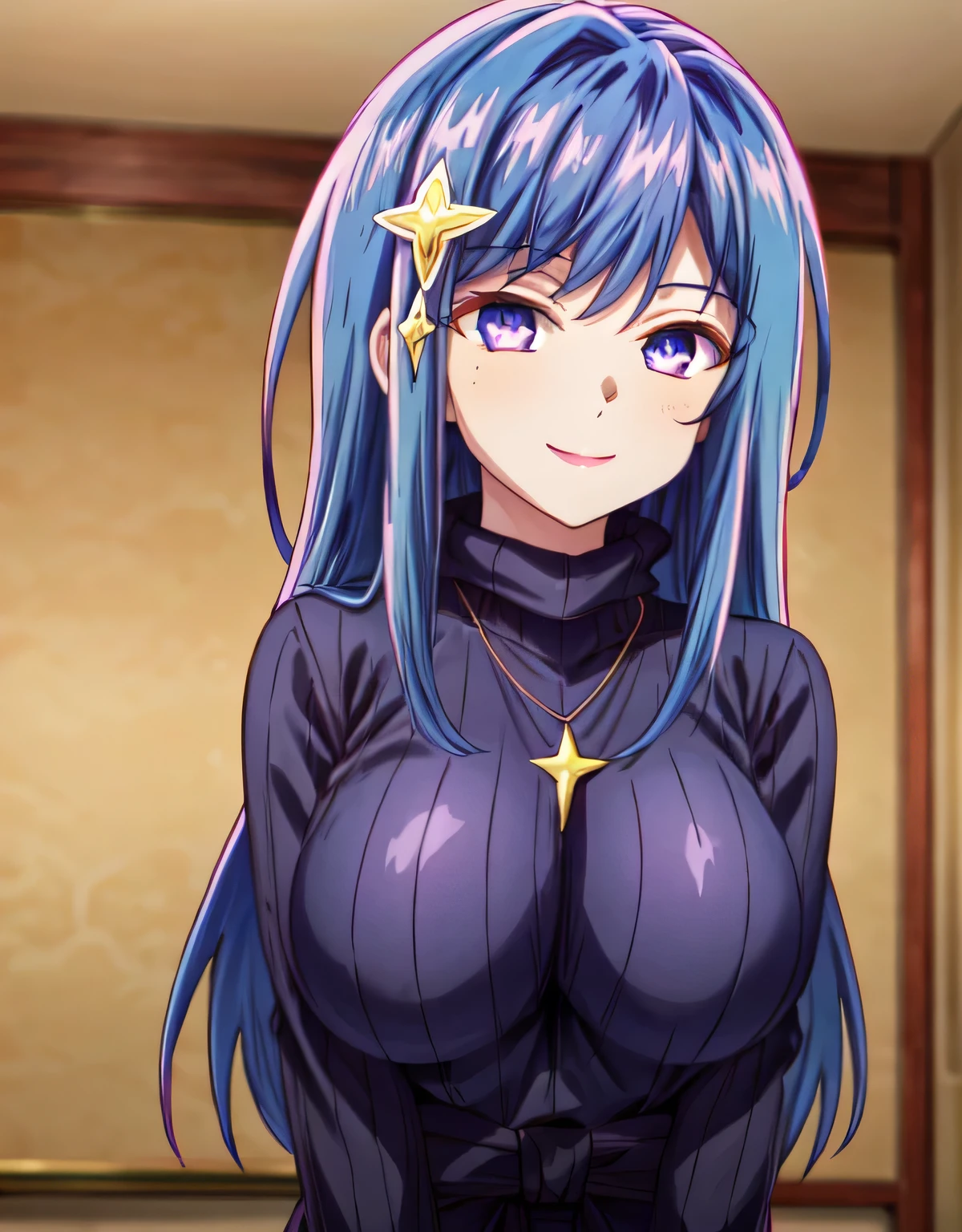 (large breasts:1.72),(shiny hair),((solo)),((masterpiece)),((best quality)),perfect anatomy,slim waist,perfect image,8k UHD,(beautiful detailed eyes:1.5),extremely detailed face,standing,(upper body:1.2),(look at the front:1.5),ultra-detailed,absurdres,ultra-highres,arms behind back,maha,blue hair,long hair,(purple eyes),hair ornament,turtleneck sweater,shiny purple sweater,necklace,indoor room,smile,