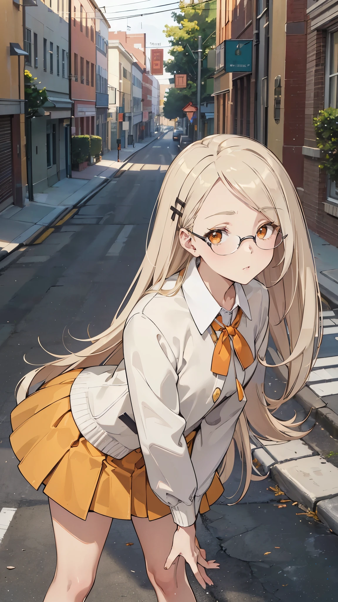 masterpiece, ultra detailed, 8k portrait, RAW photo, portrait photography, Highly detailed face, beautiful and meticulous eyes, (amber color eyes:1.5), (Glasses:1.2), (blush), (tilt one's head:1.5), (leaning forward:1.5), (standing on street:1.5), outdoor, (high school uniform:1.7), cute girl, (platinum blond hair:1.5), (platinum blond colored eyelash:1.5), (medium hair:1.0), (parted bangs:1.5), (hairpin1.5), (sleepy face:1.0), young girl, 1girl, beauty girl, pretty girl, 159cm, 41kg, (skinny:1.5),