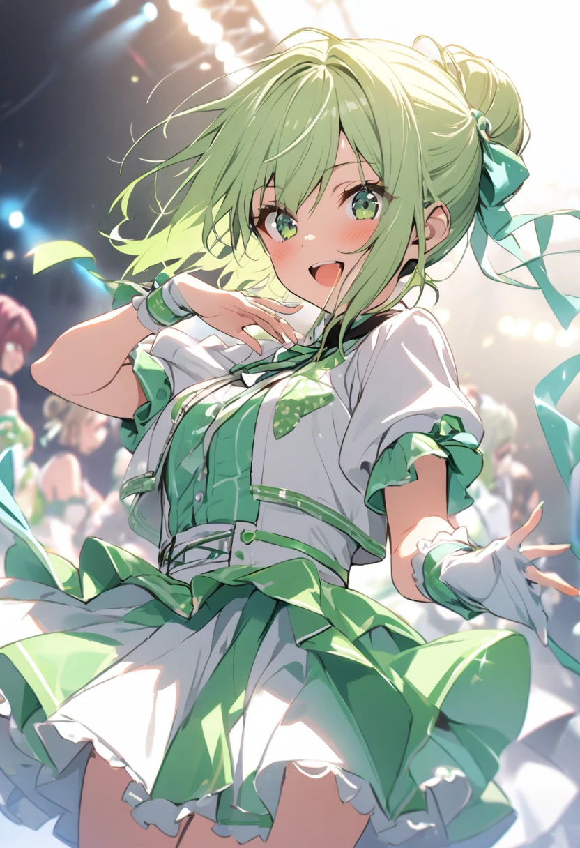 1 girl, cute, young, green hair, bob haircut, green eyes, idol costume, thigh high, excessive cum, bukkake,